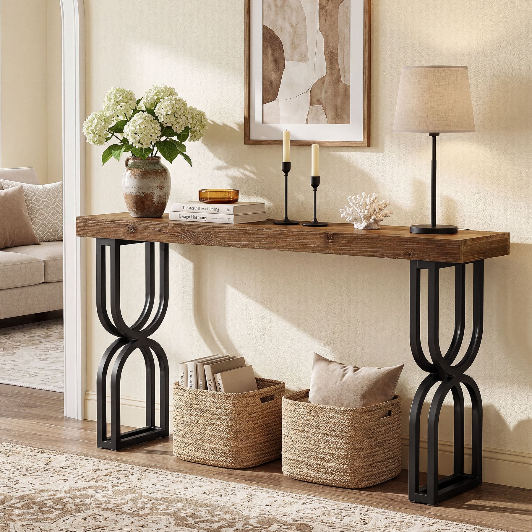 59" Solid Wood Console Table, Narrow Sofa Table with Metal U-Shaped Legs, Industrial Entryway Table for Hallway & Living Room