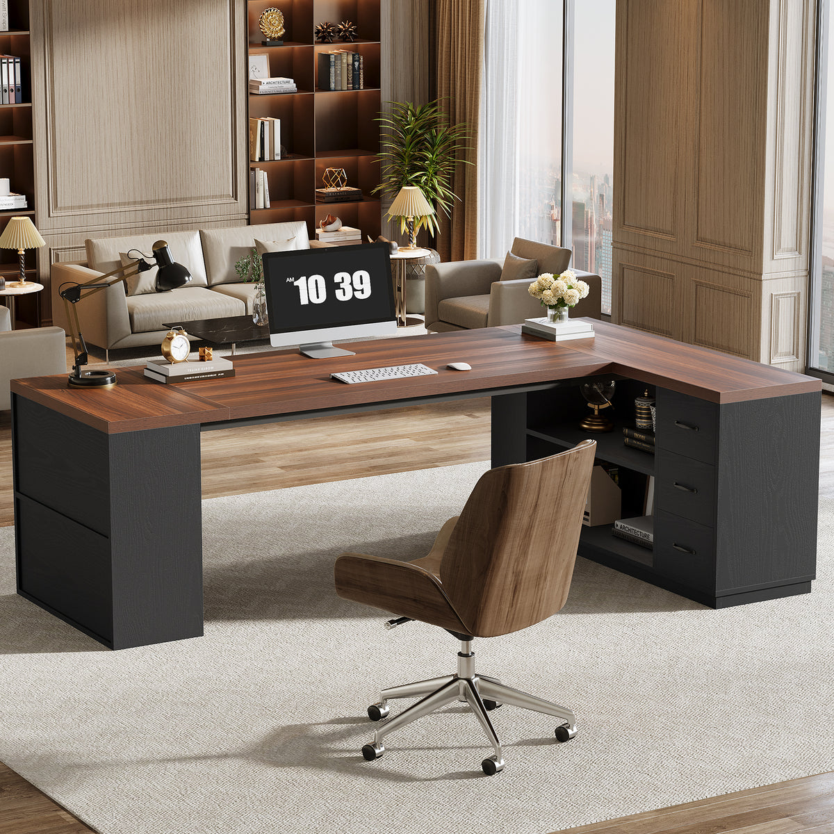 87" L-Shaped Executive Desk, 3 Drawers & Storage Cabinet, Modern Home Office Desk