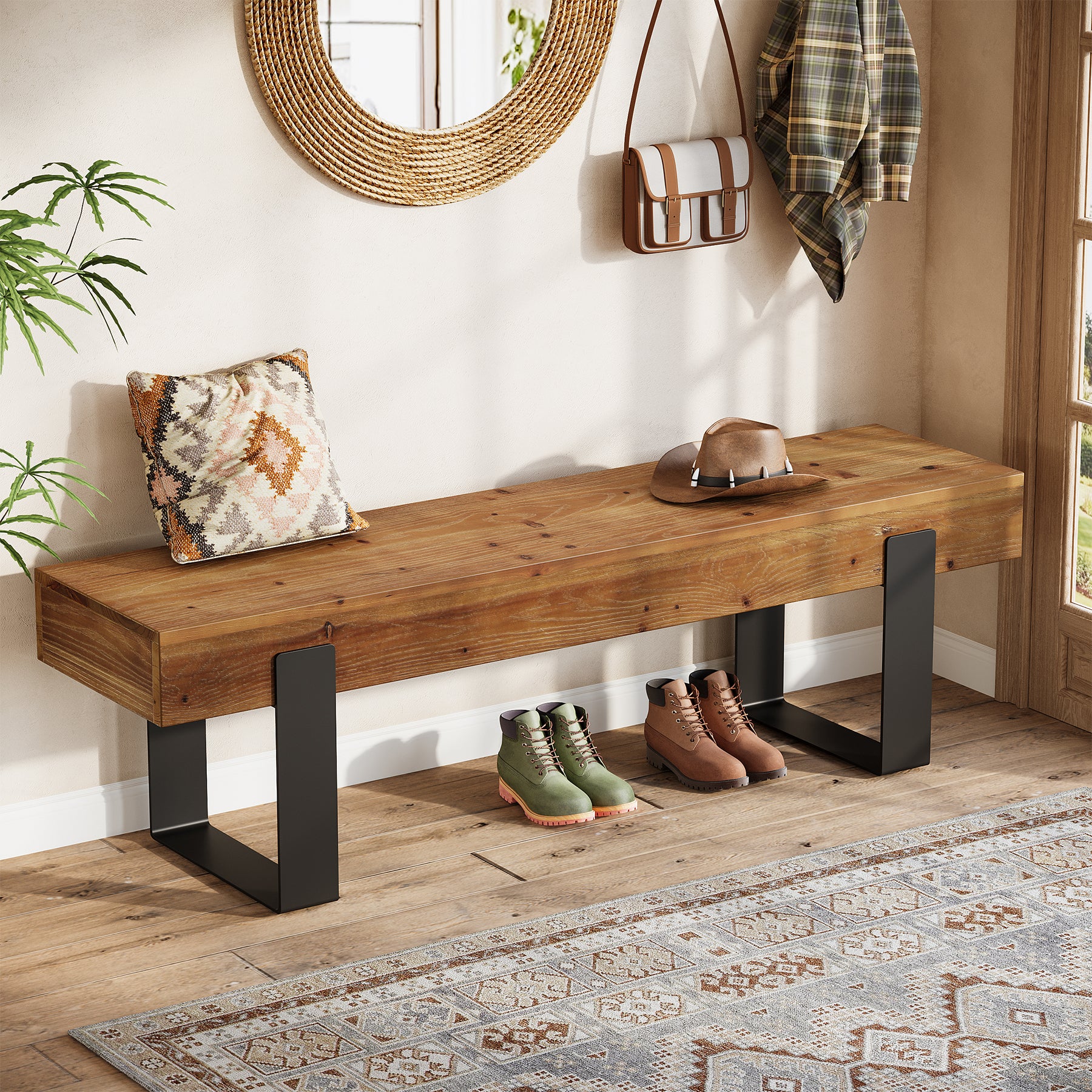 63" Industrial Entryway Bench, Farmhouse Wood Shoe Bench End of Bed Stool with Metal Legs