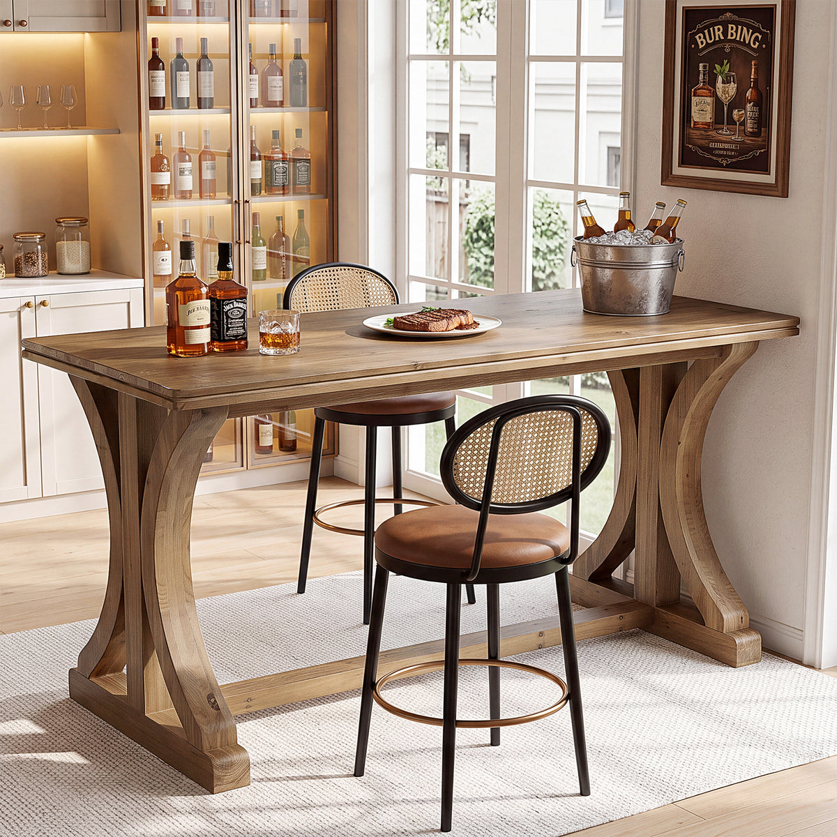 63" Counter Height Pub Table, Farmhouse Solid Wood Bar Table with X-Shaped Legs