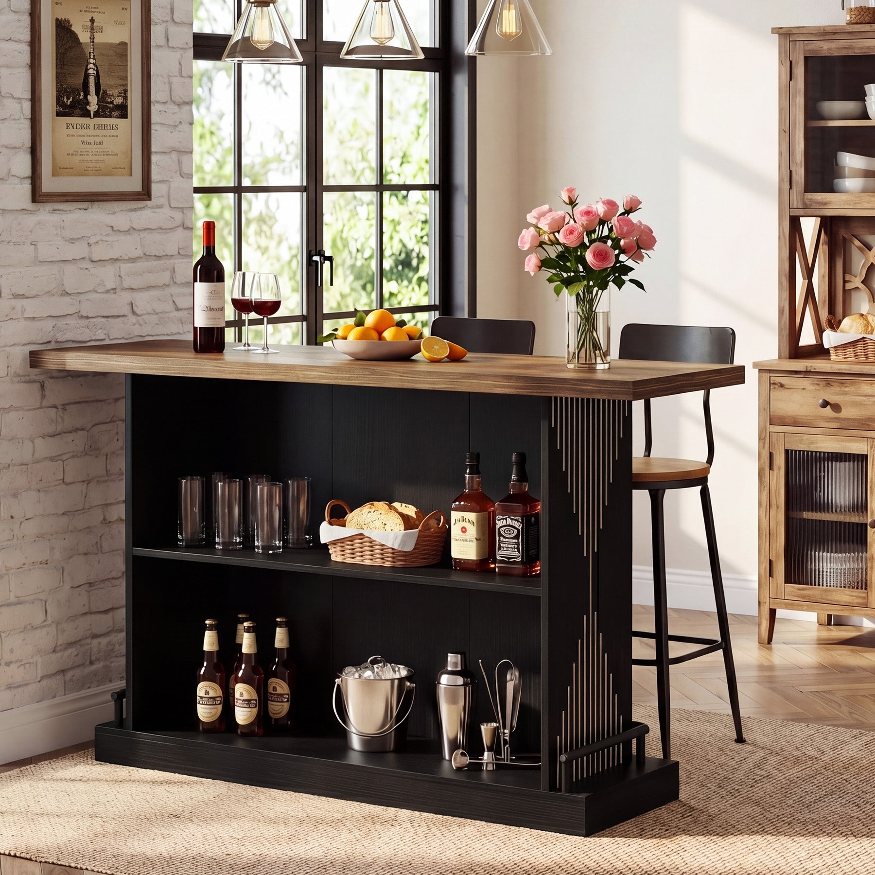 63" Bar Table, Rectangular Home Bar Unit with 2-Tier Storage Shelf for Kitchen
