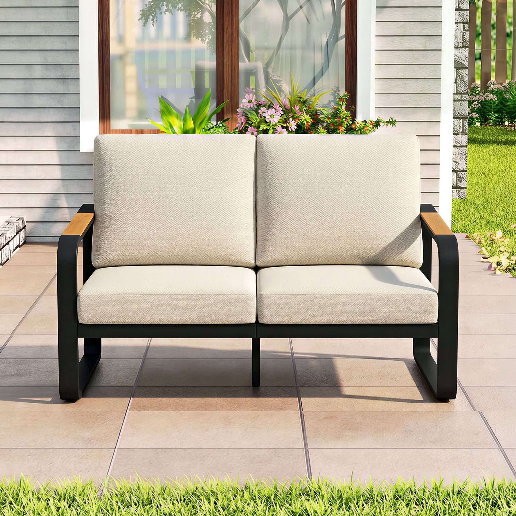 54.3" Wide Loveseat Sofa, Outdoor Patio Sofa With Removable Cushions