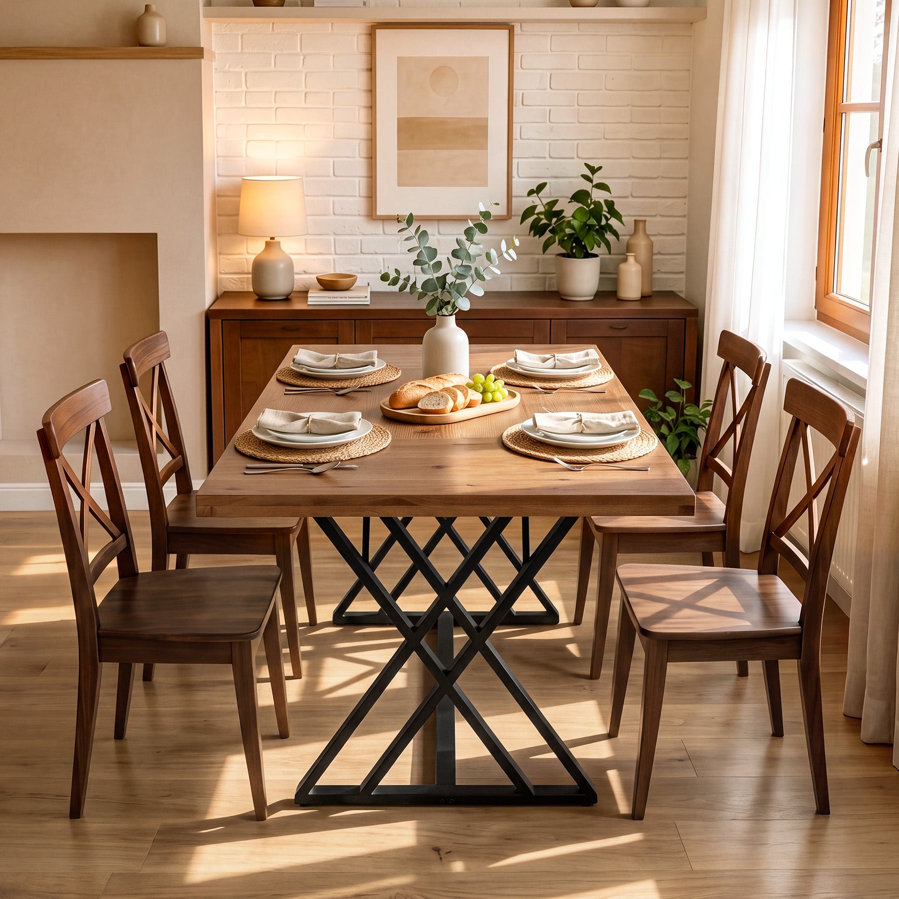63" Solid Wood Dining Table, Rectangular Kitchen Table with X Shaped Metal Legs for 4-6