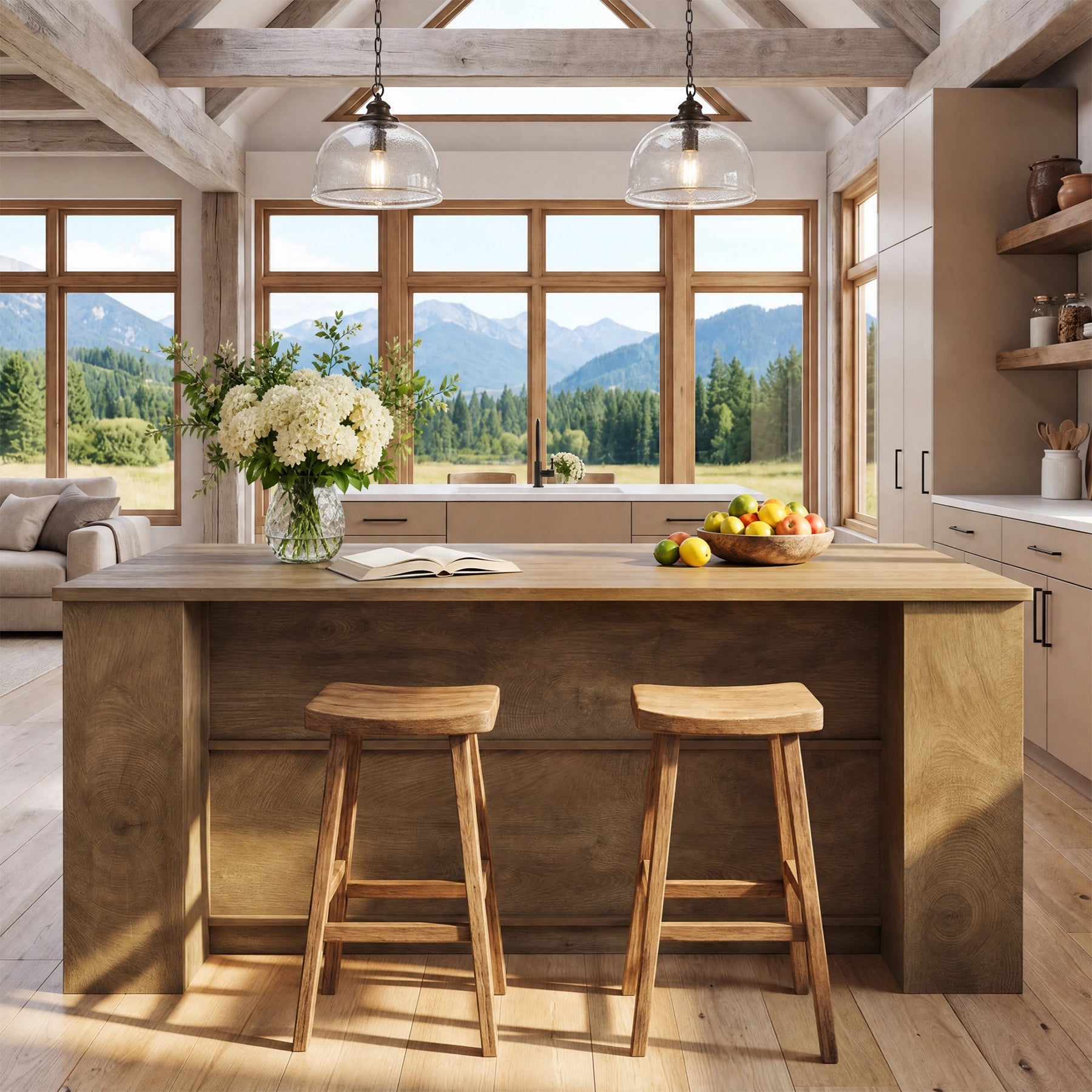 71" Kitchen Island with Slatted Doors Cabinet & 6 Open Shelves for Apartment & Home