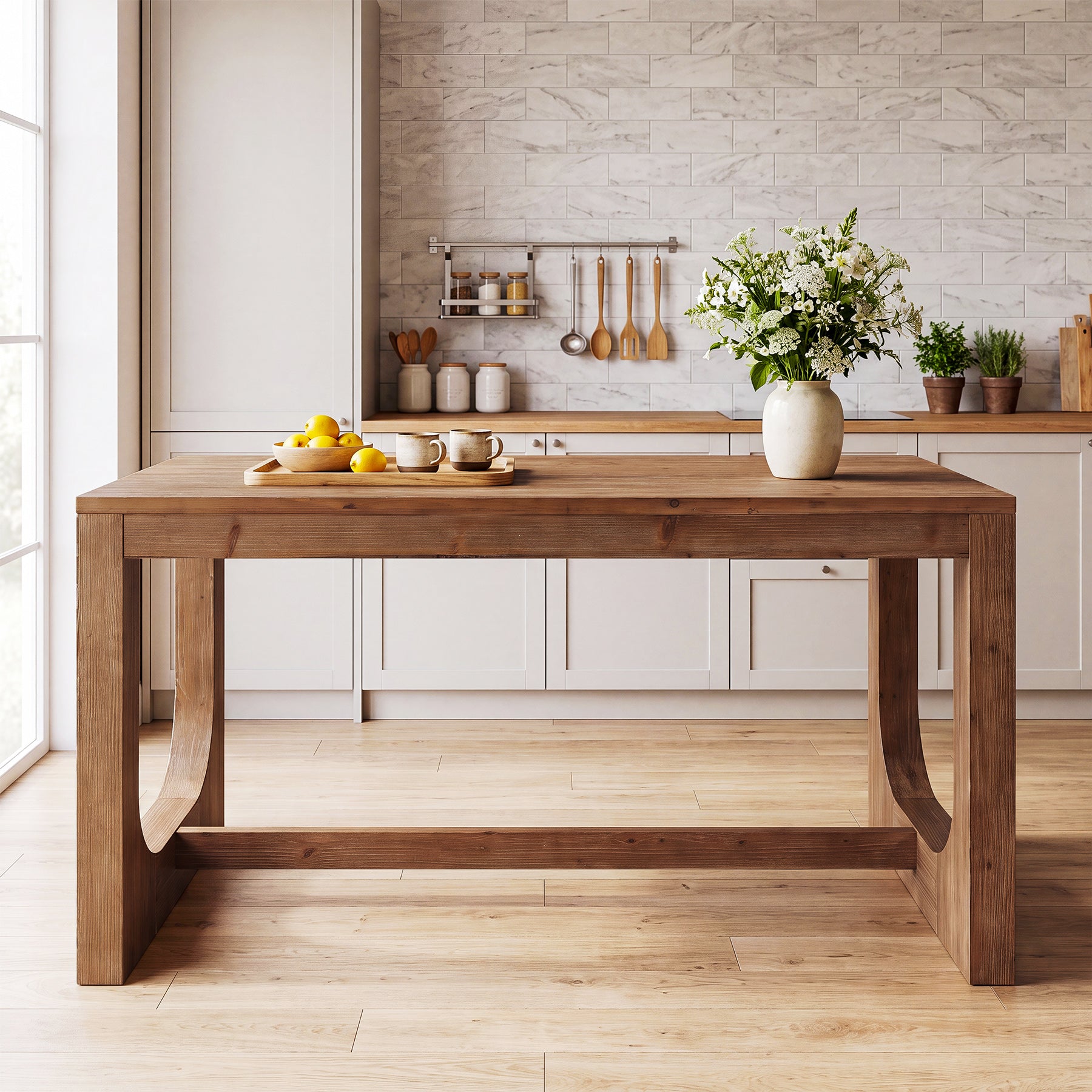 63" Solid Wood Kitchen Island, Dining Room Table with Sturdy Construction