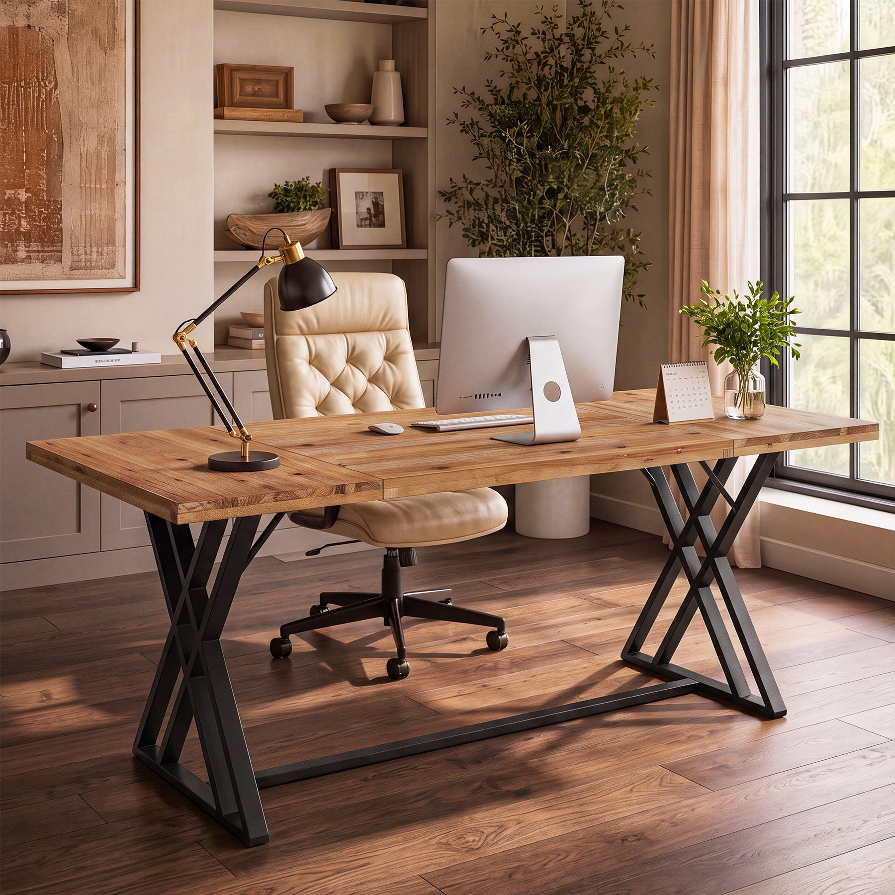 63" Solid Wood Computer Desk, Farmhouse Home Office Table with X-Shaped Metal Frame
