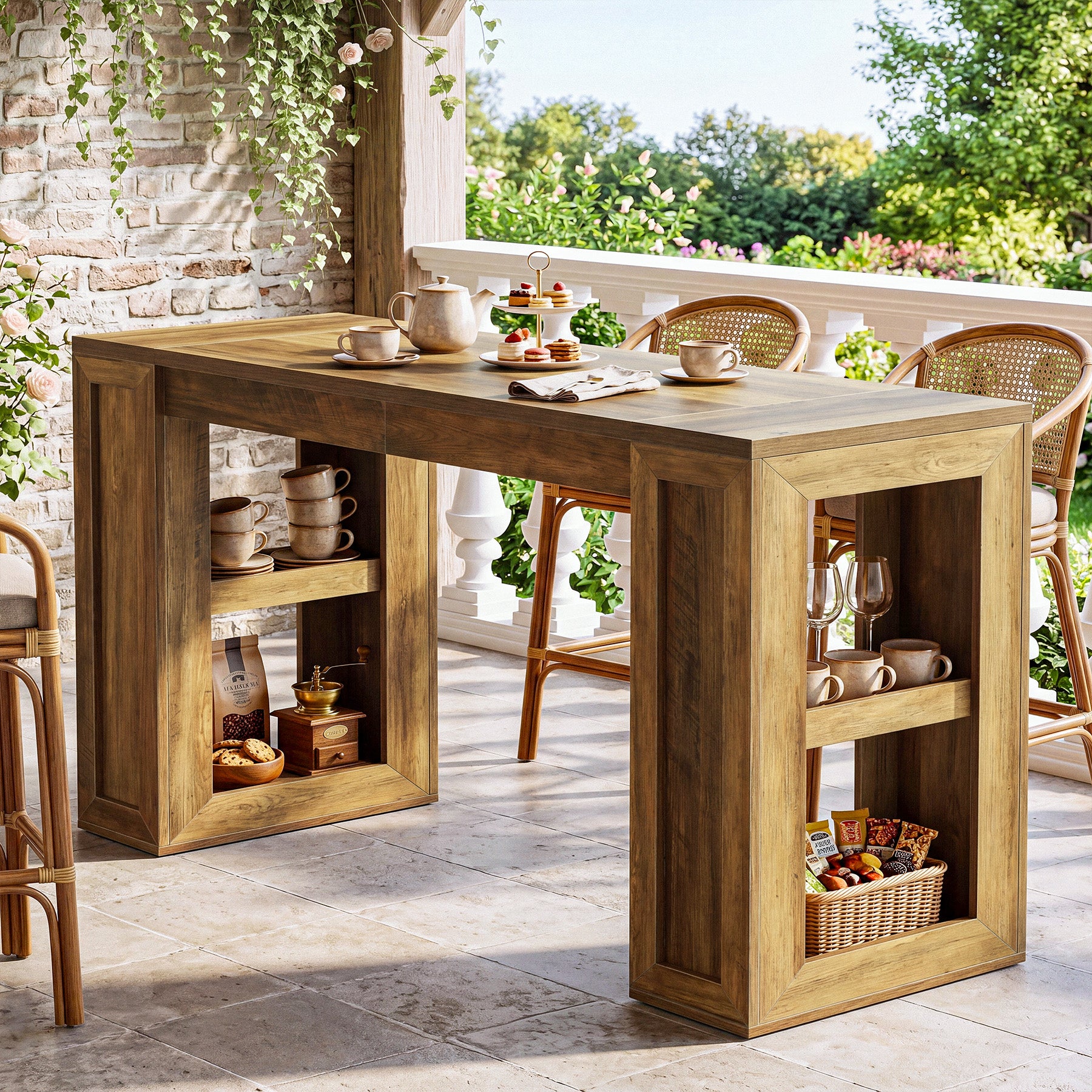 70.87" Farmhouse Bar Table, Rectangular High Top Pub Tables with Open Storage Shelves for Kitchen