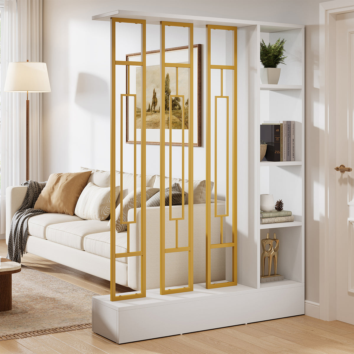 70.9" Wall Room Divider, Freestanding Wall Partition with Display Shelves