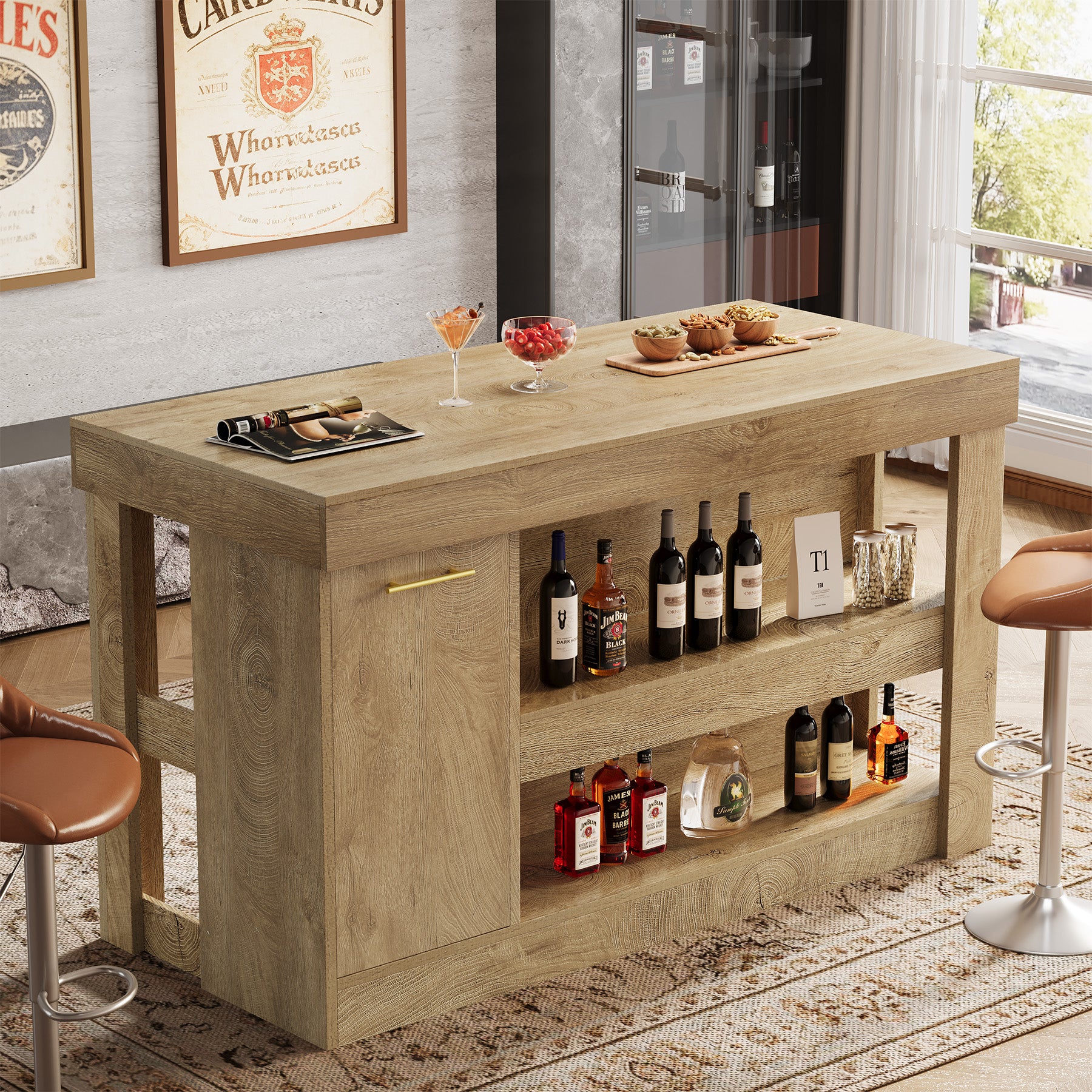 55" Bar Table with Storage Cabinet, 2-Tier Shelf Counter Pub Table for Kitchen