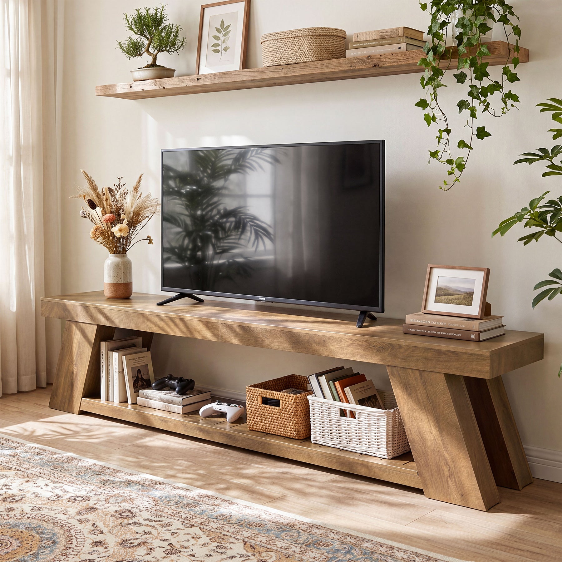 87" TV Stand for 85" TV, Farmhouse Entertainment Center, 2-Tier Storage, Extra Long Console