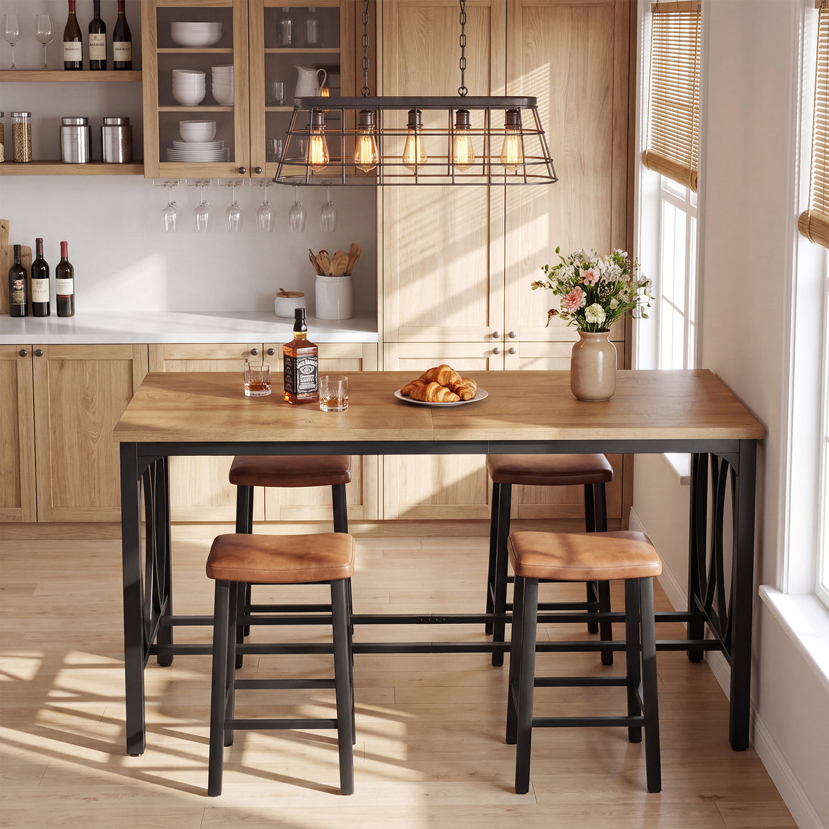 63" Industrial Bar Height Dining Table, Metal Footrest & Decorative Frame, Rectangular Pub Table(Only Table)