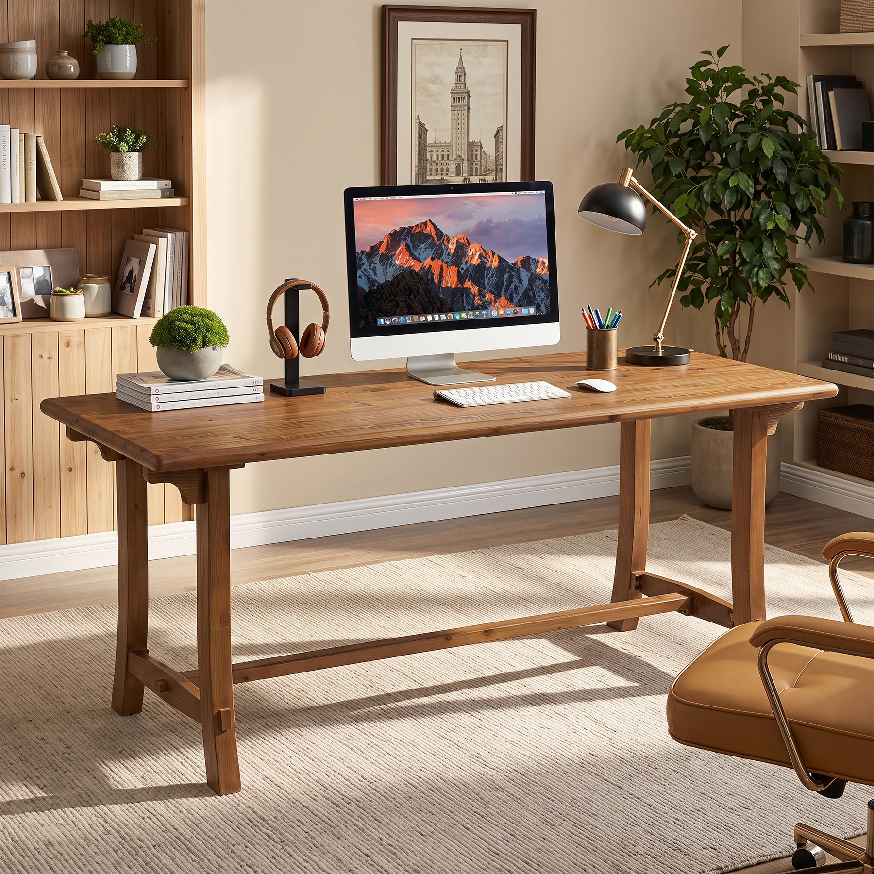 71" Rustic Executive Desk, Solid Wood Double Computer Desk, Home Office