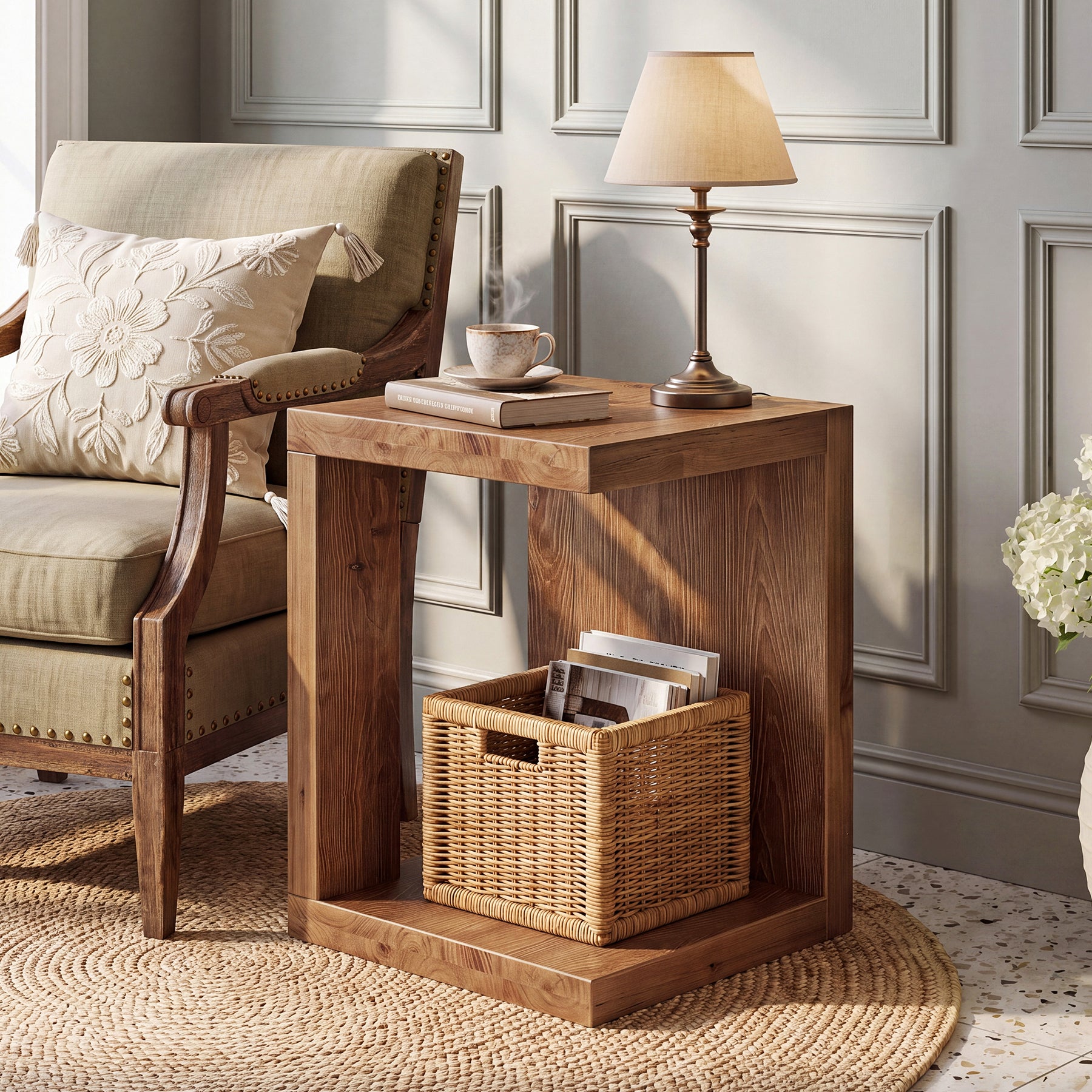 Solid Wood End Table, 2-Tier Side Table with Hollow-Frame for Living Room, Bedroom