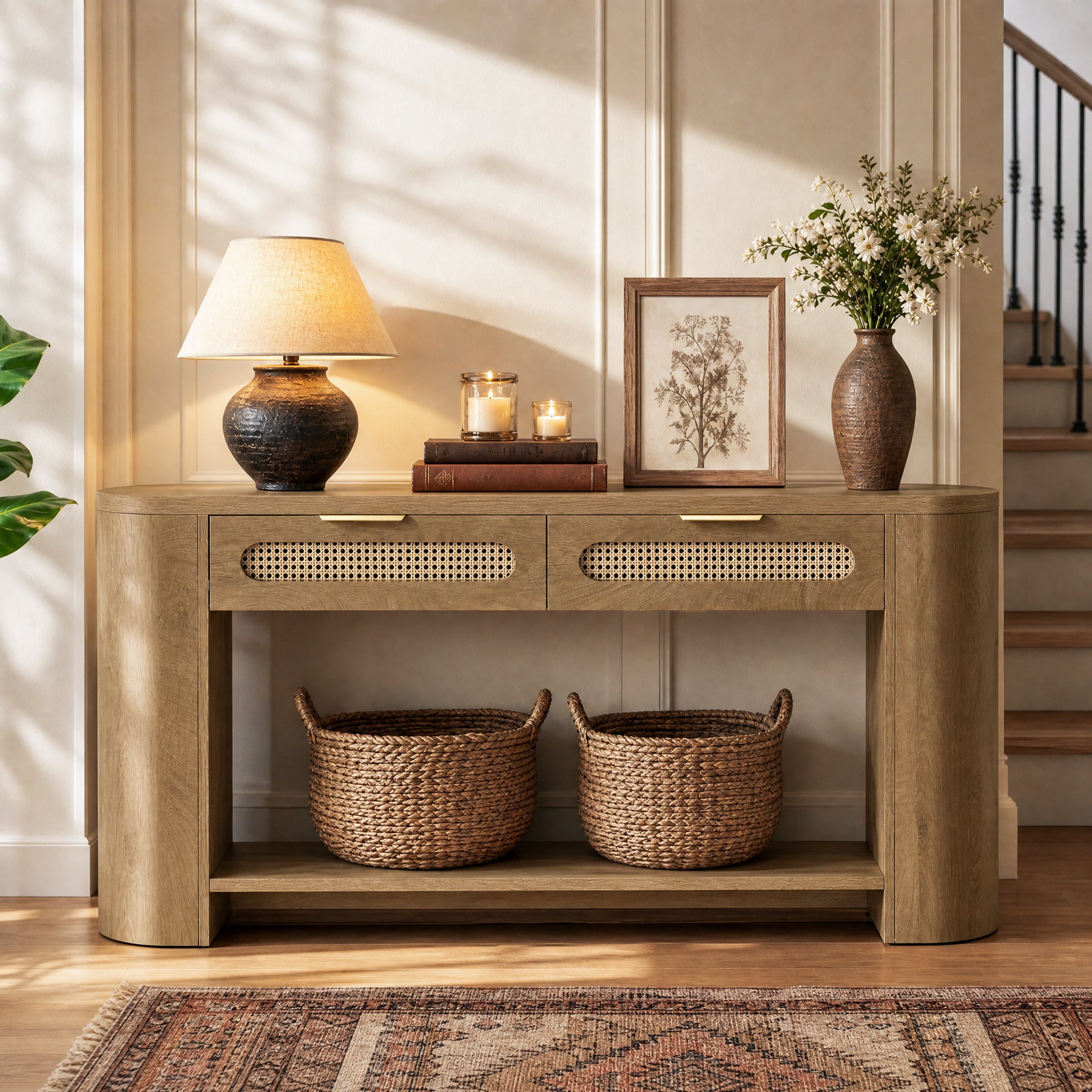 55" Console Table, Farmhouse Entryway Sofa Table With 2 Rattan Drawers & Shelf