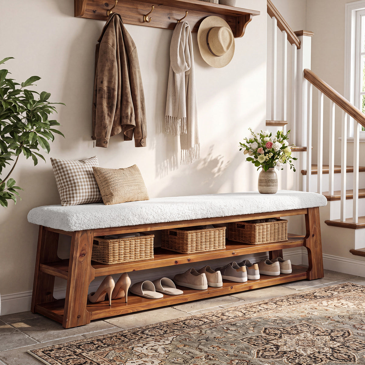 3-Tier Solid Wood Entryway Bench, 63" Shoe Bench with Faux Shearling Cushion for Hallway