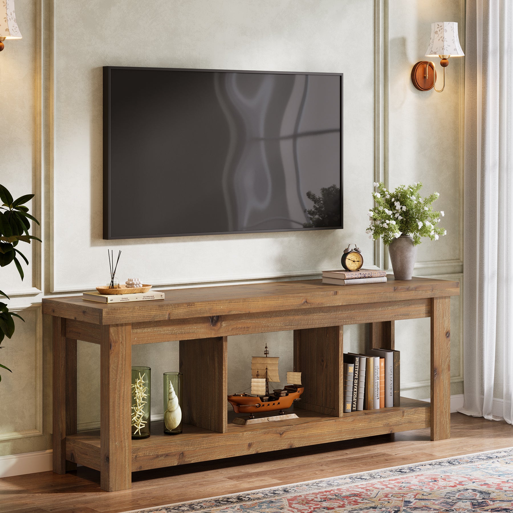 63" Solid Wood TV Stand With 3 Open Shelves for 55/60/65/75-Inch TVs