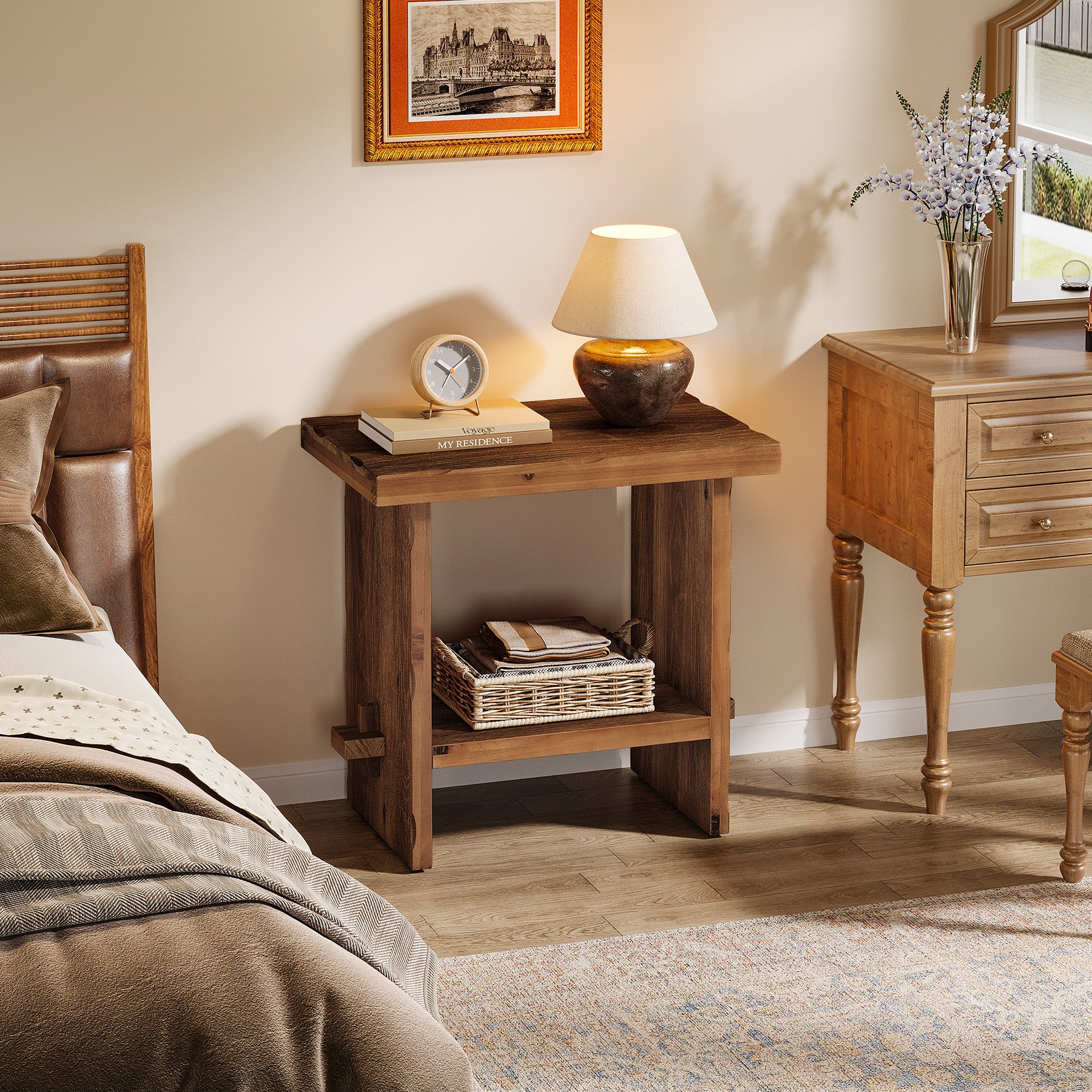 23.62-Inch Solid Wood Nightstand with Storage, Farmhouse Bedside Table with Wooden Base for Bedroom
