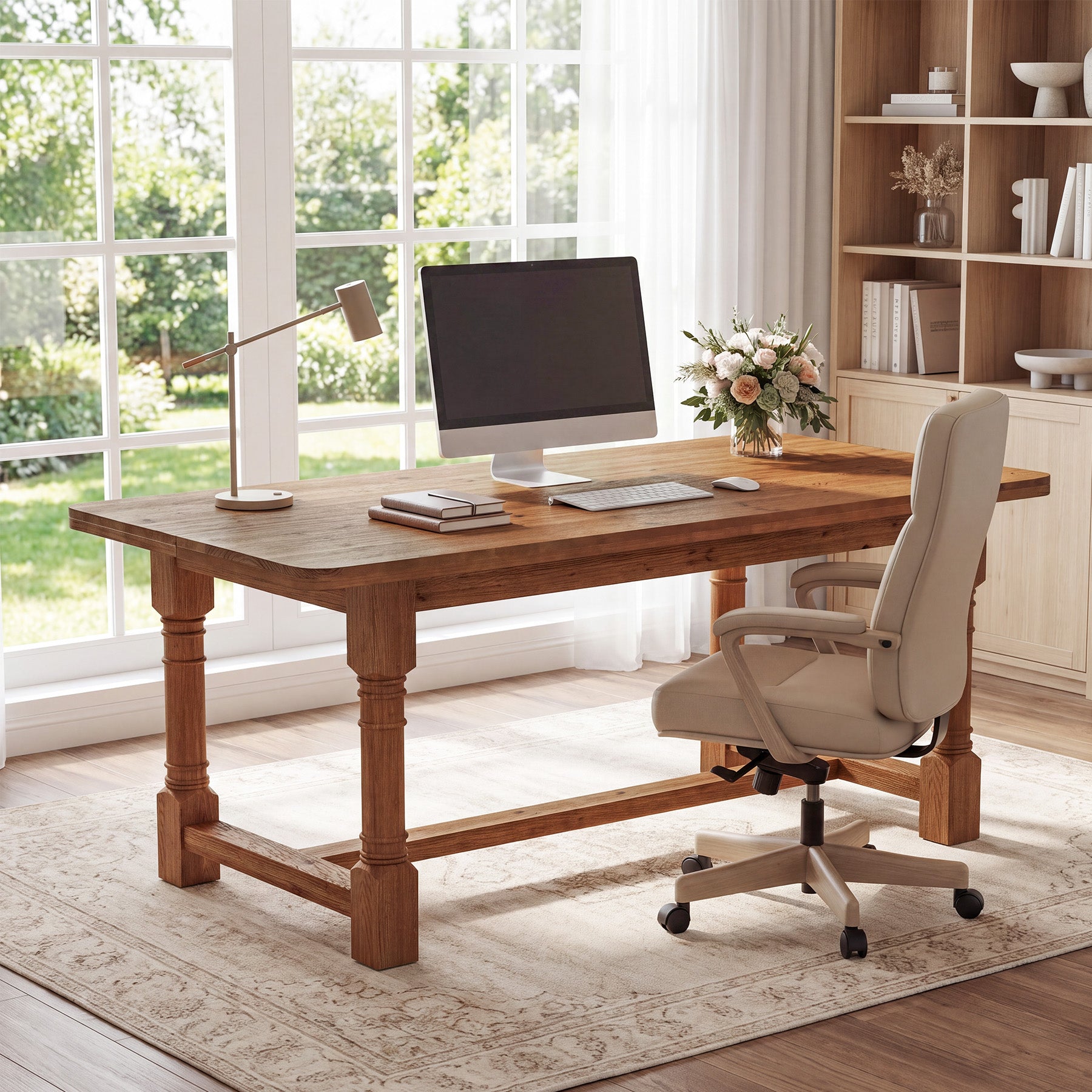 Solid Wood Executive Desk, 63" Rectangular Computer Desk with Trestle Base for Home Office