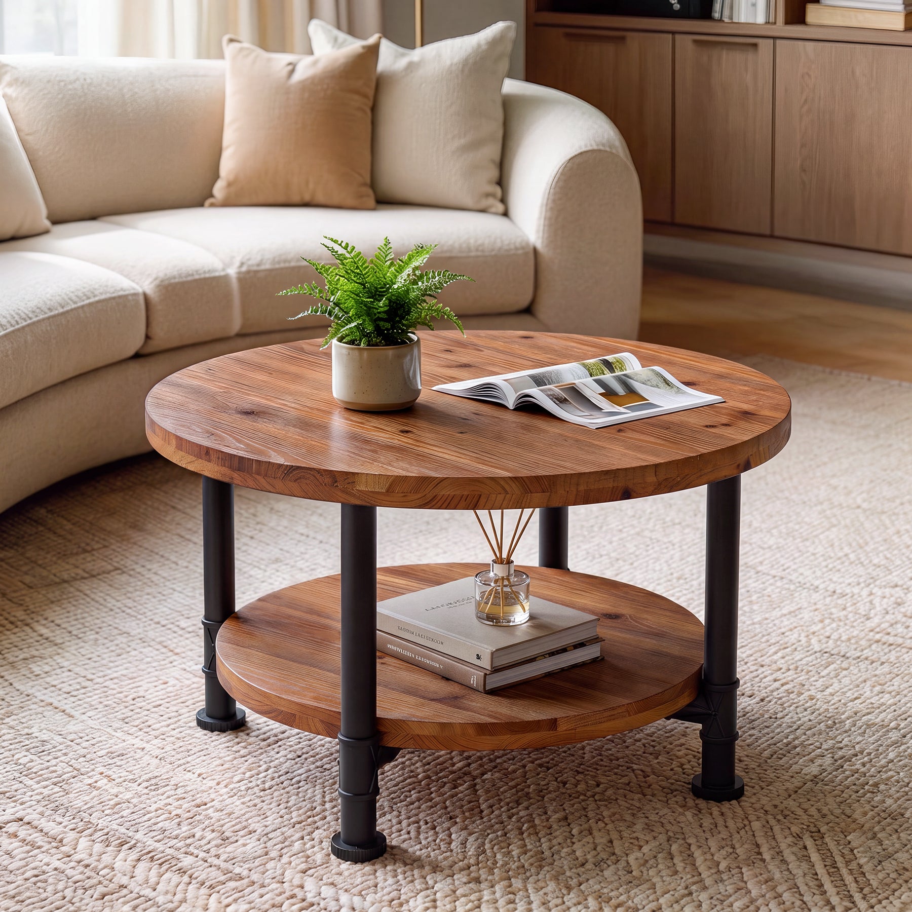Solid Wood Round Coffee Table, 31.5" Circle Center Table with Storage Shelf & Metal Frame