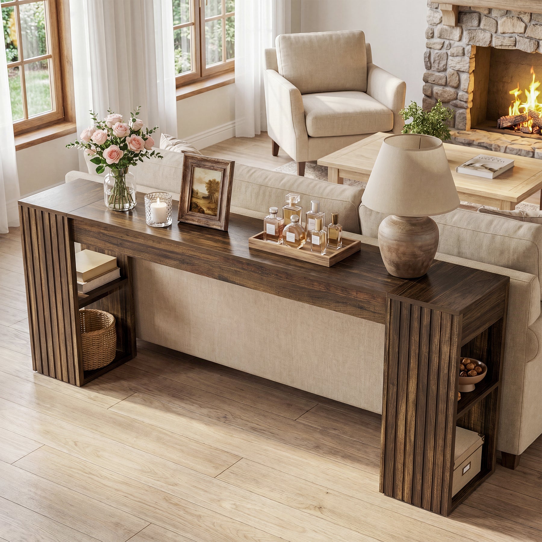 86" Extra Long Console Table, Farmhouse Entryway Sofa Table with Shelves for Hallway
