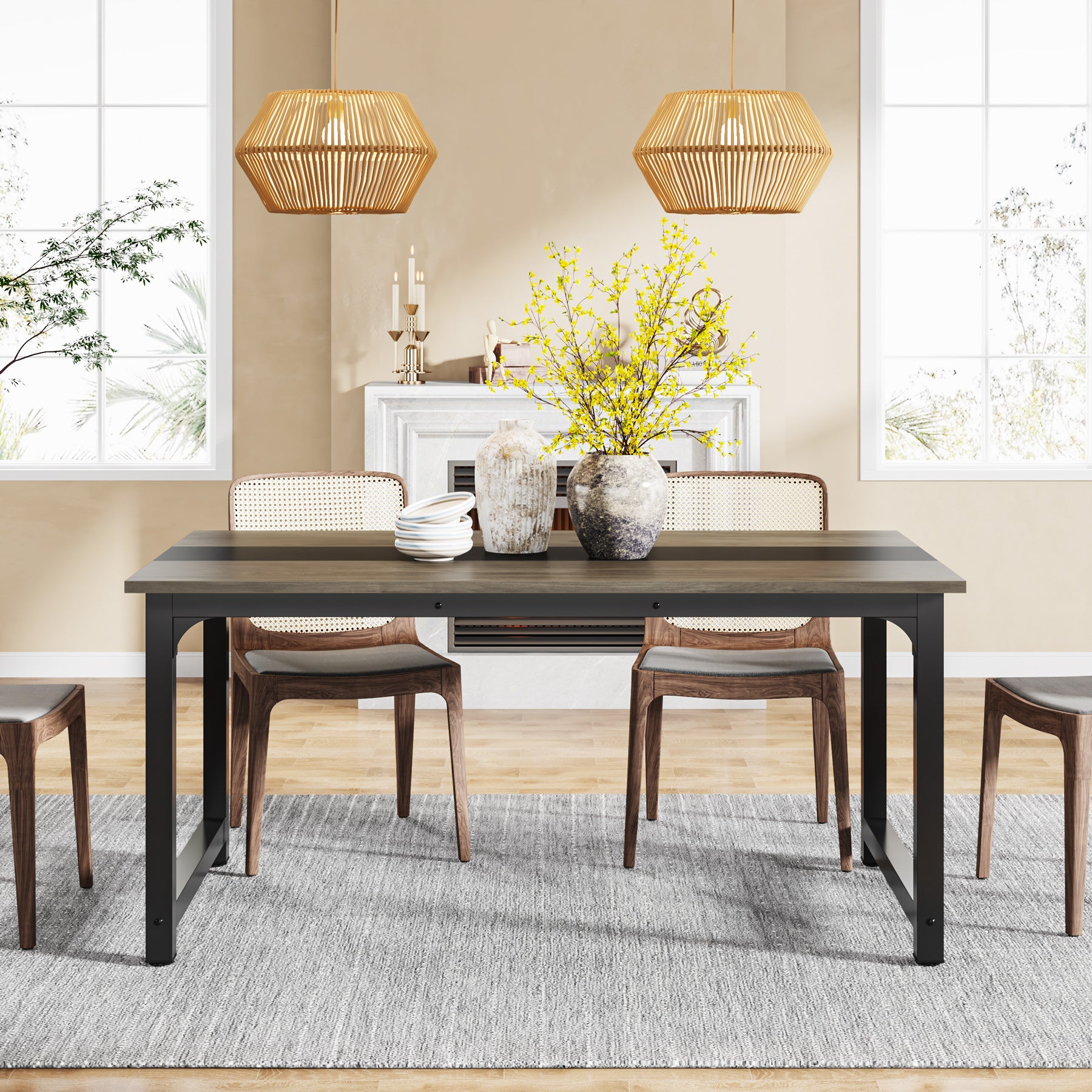 63" Rectangular Dining Table for 6–8 People, Industrial Wood Kitchen Table