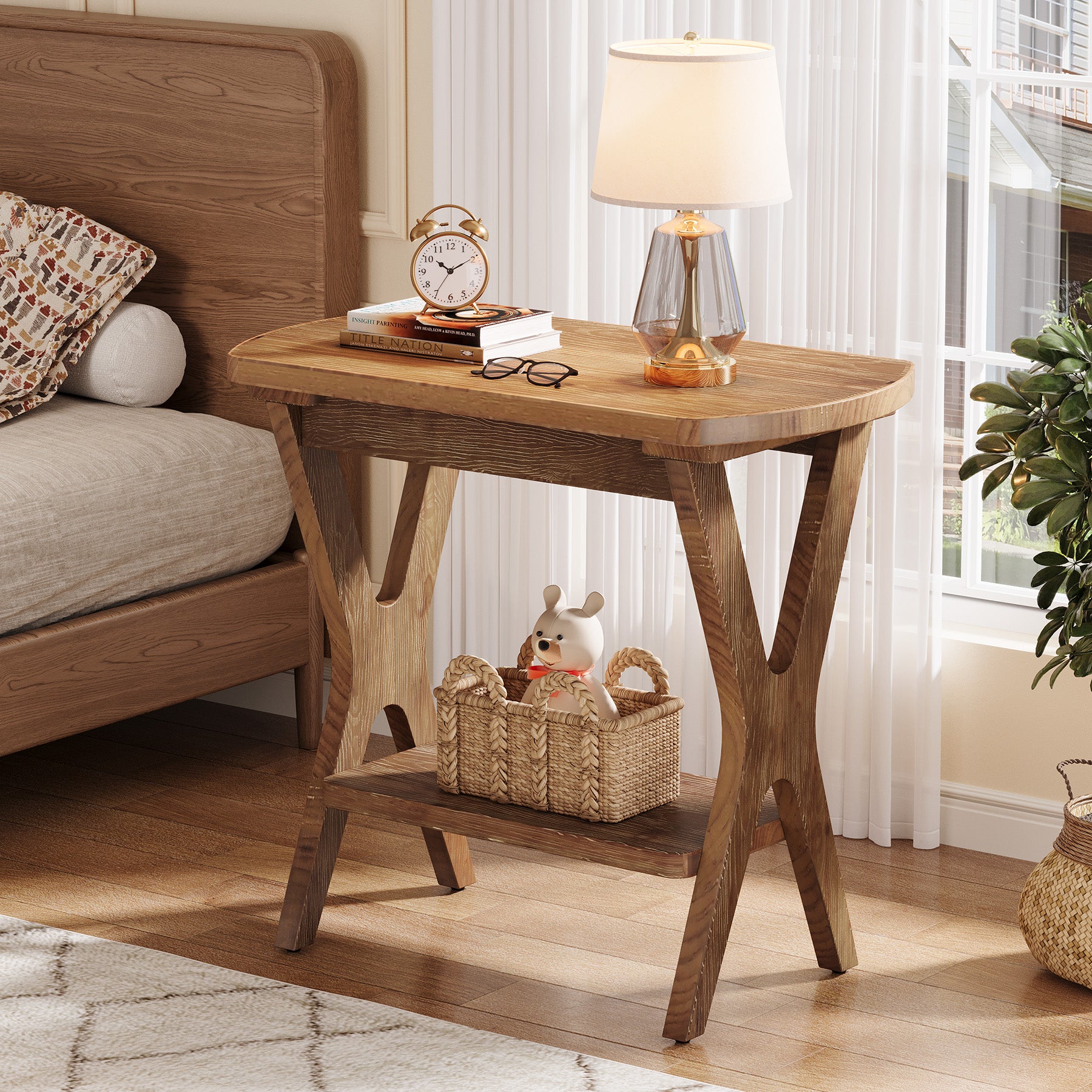 Solid Wood Side Table, 2-Tier End Table Nightstand with Storage for Living Room
