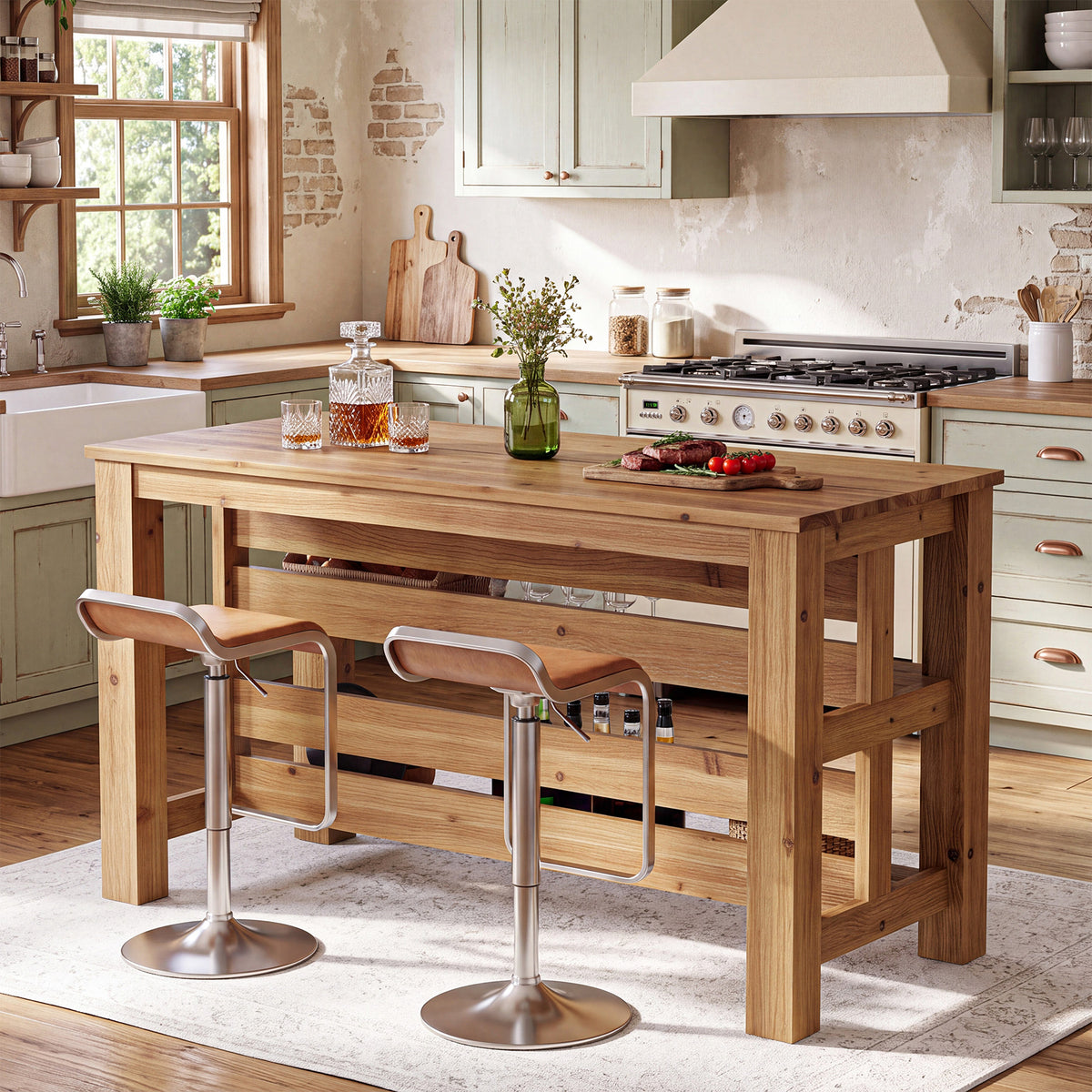 63" Farmhouse Solid Wood Kitchen Island with 3-Tier Open Storage Shelves, Prep Table