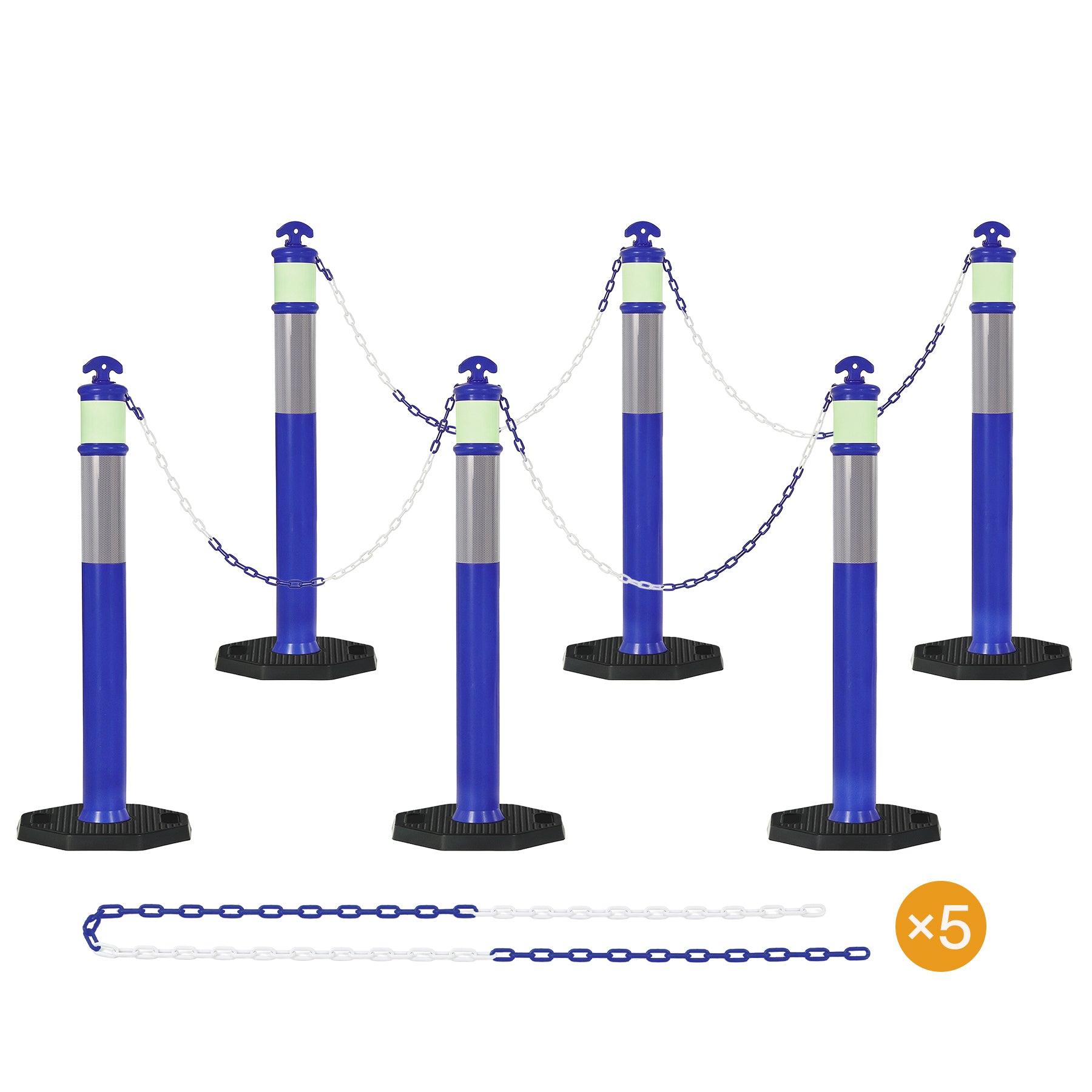 45" Reflective & Glow-in-the-Dark Traffic Delineator Posts with Heavy Rubber Base & Connecting Chains