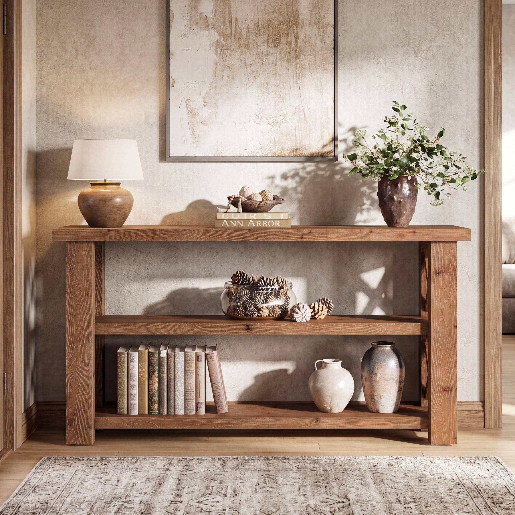 3-Tier Solid Wood Console Table, 63" Sofa Table Behind the Couch for Entryway, Living Room
