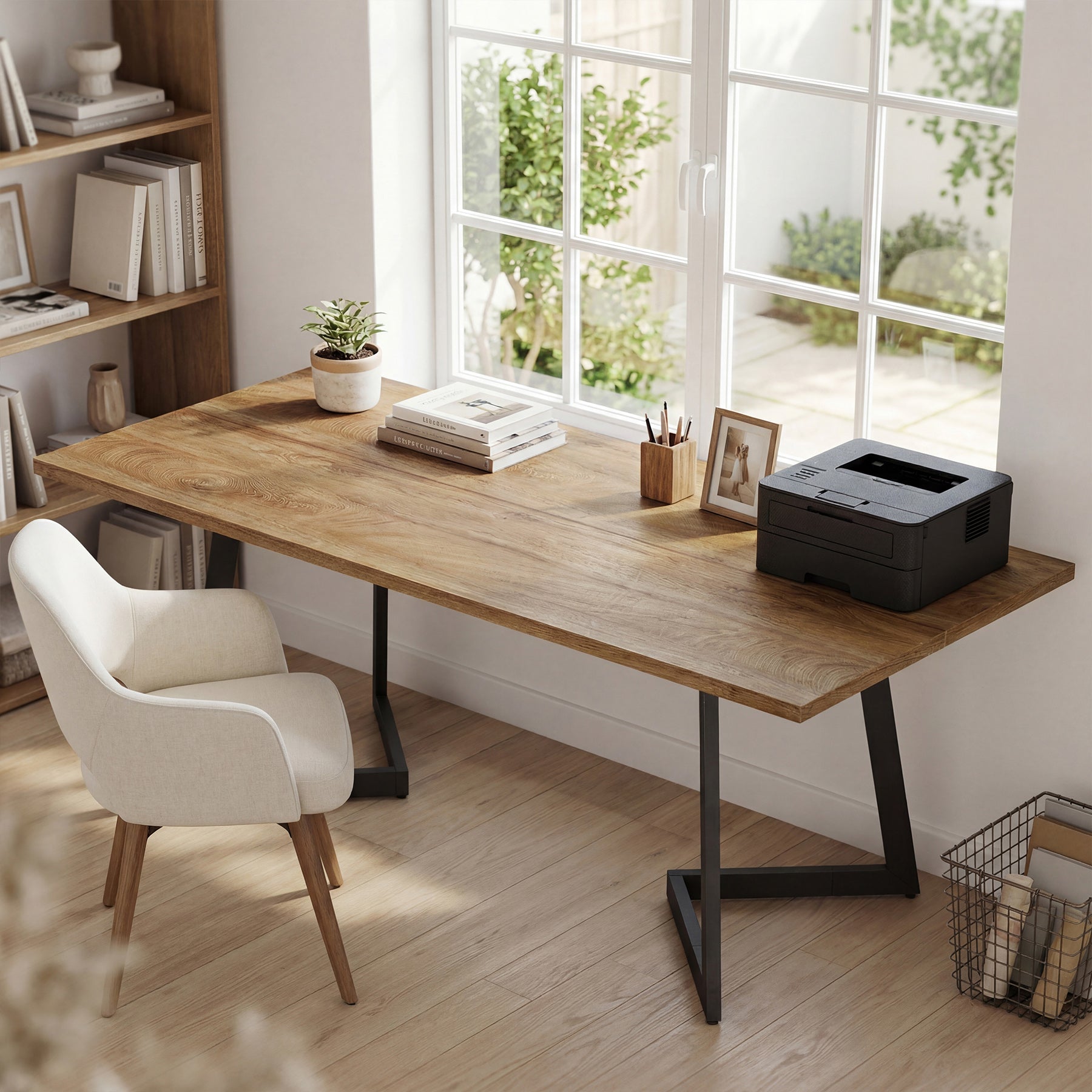 62" Industrial Office Desk, Modern Executive Computer Desk with Sturdy V-Shaped Metal Legs for Home Office