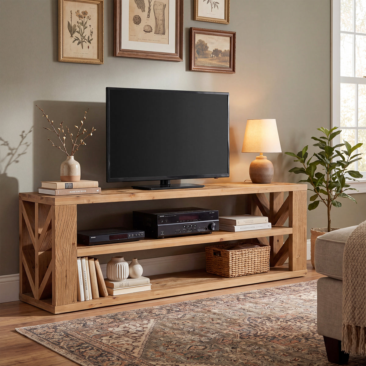 3-Tier Solid Wood TV Stand for TVs up to 55", Entertainment Center with Open Shelf for Living Room