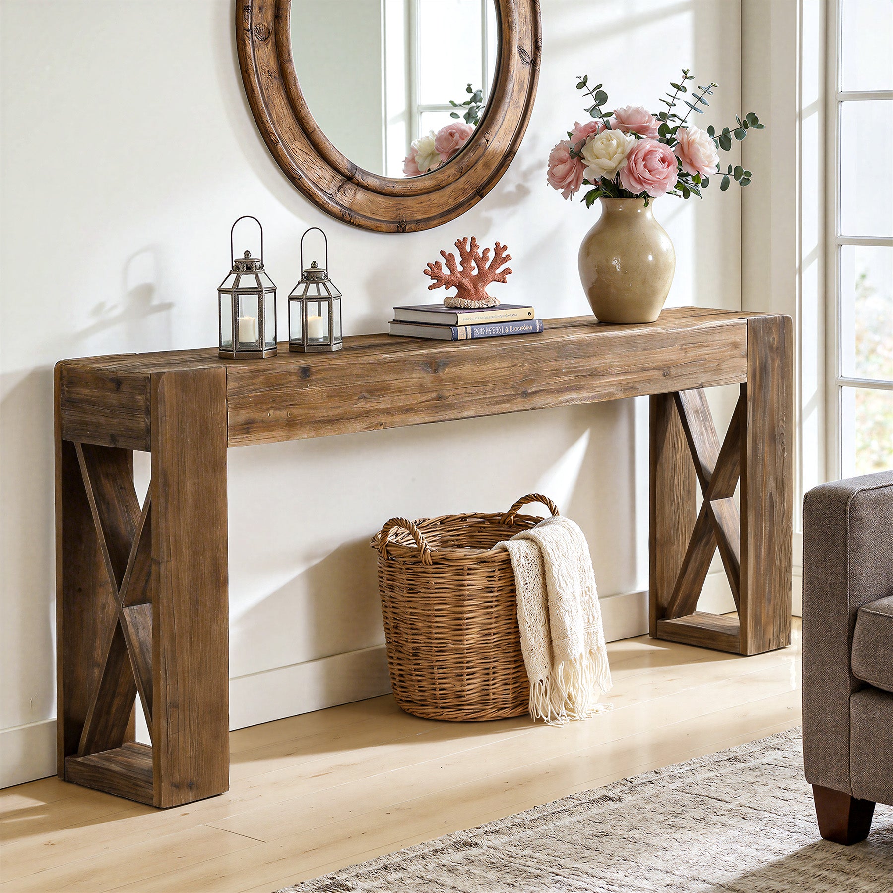 63" Solid Wood Farmhouse Console Table, Narrow Sofa Table with X-Frame Base