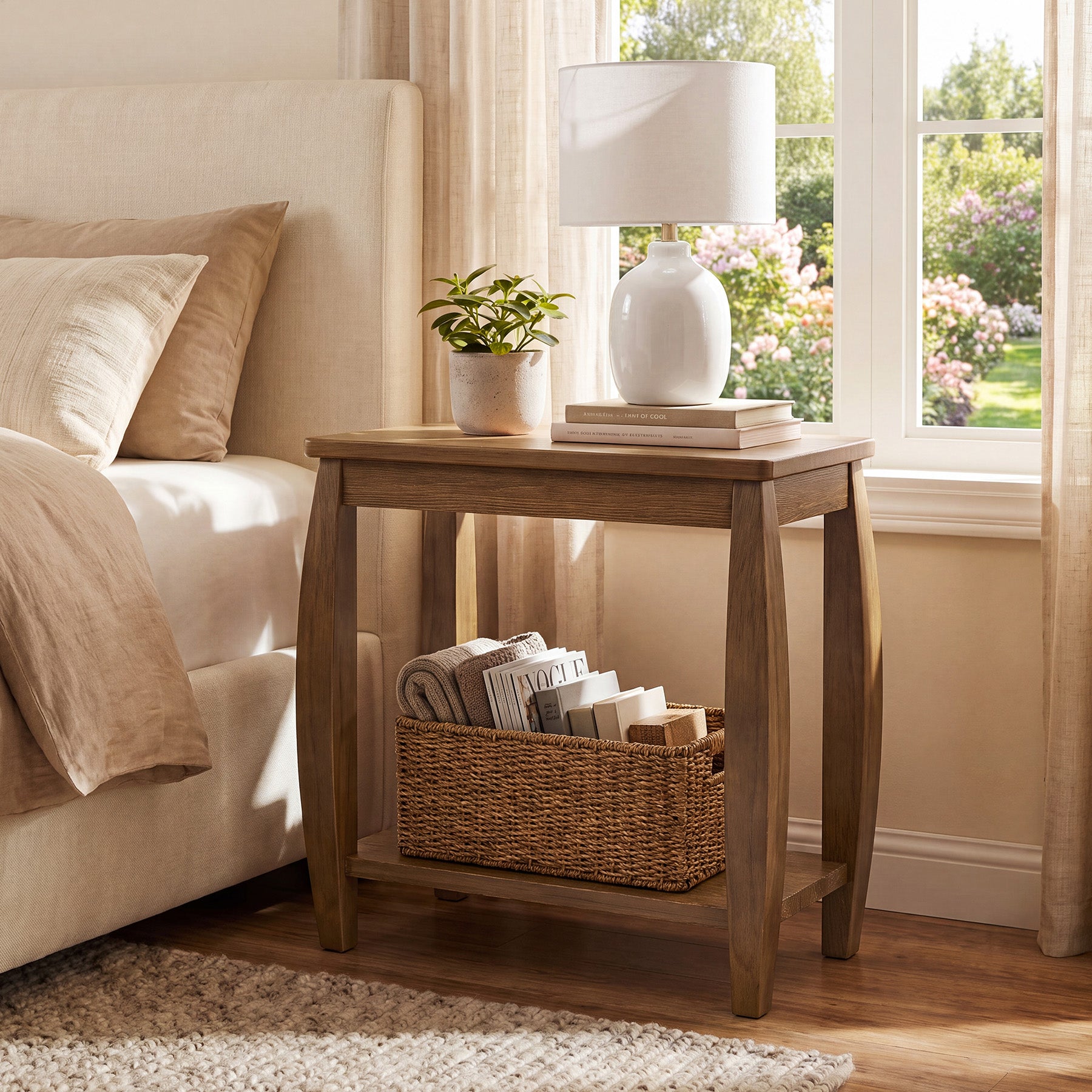 23.62" Solid Wood End Table, 2-Tier Narrow Side Table for Living Room, Small Places