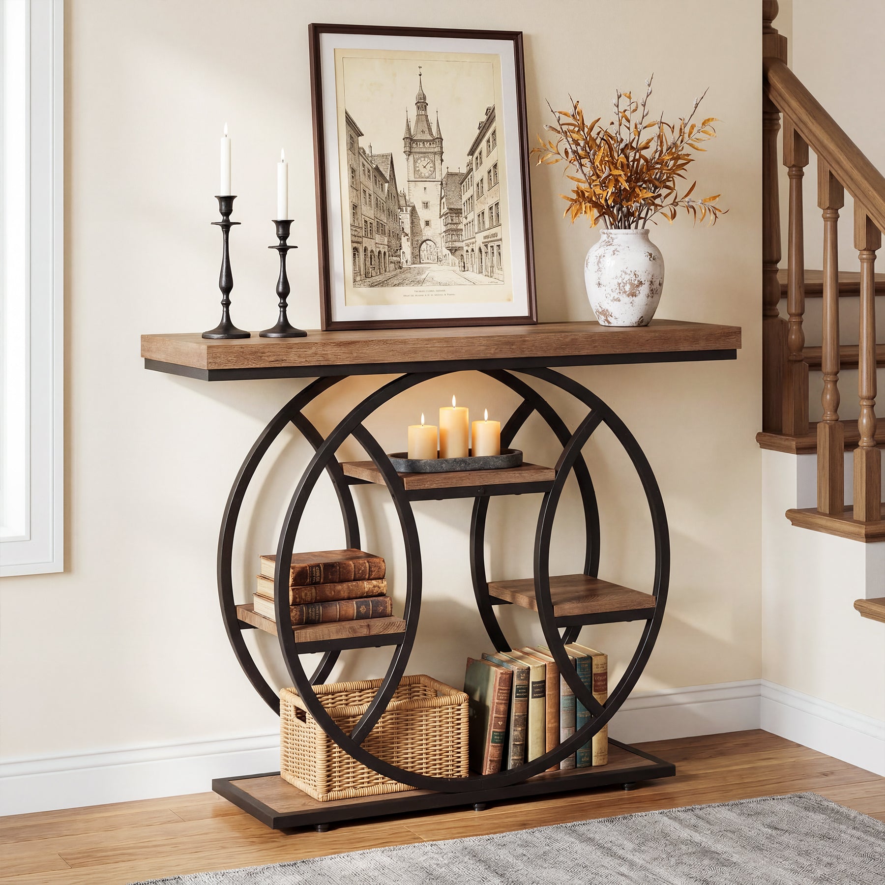 41.3" Industrial Console Table with 4-Tier Shelves – Circle Metal Frame Entryway Sofa Table