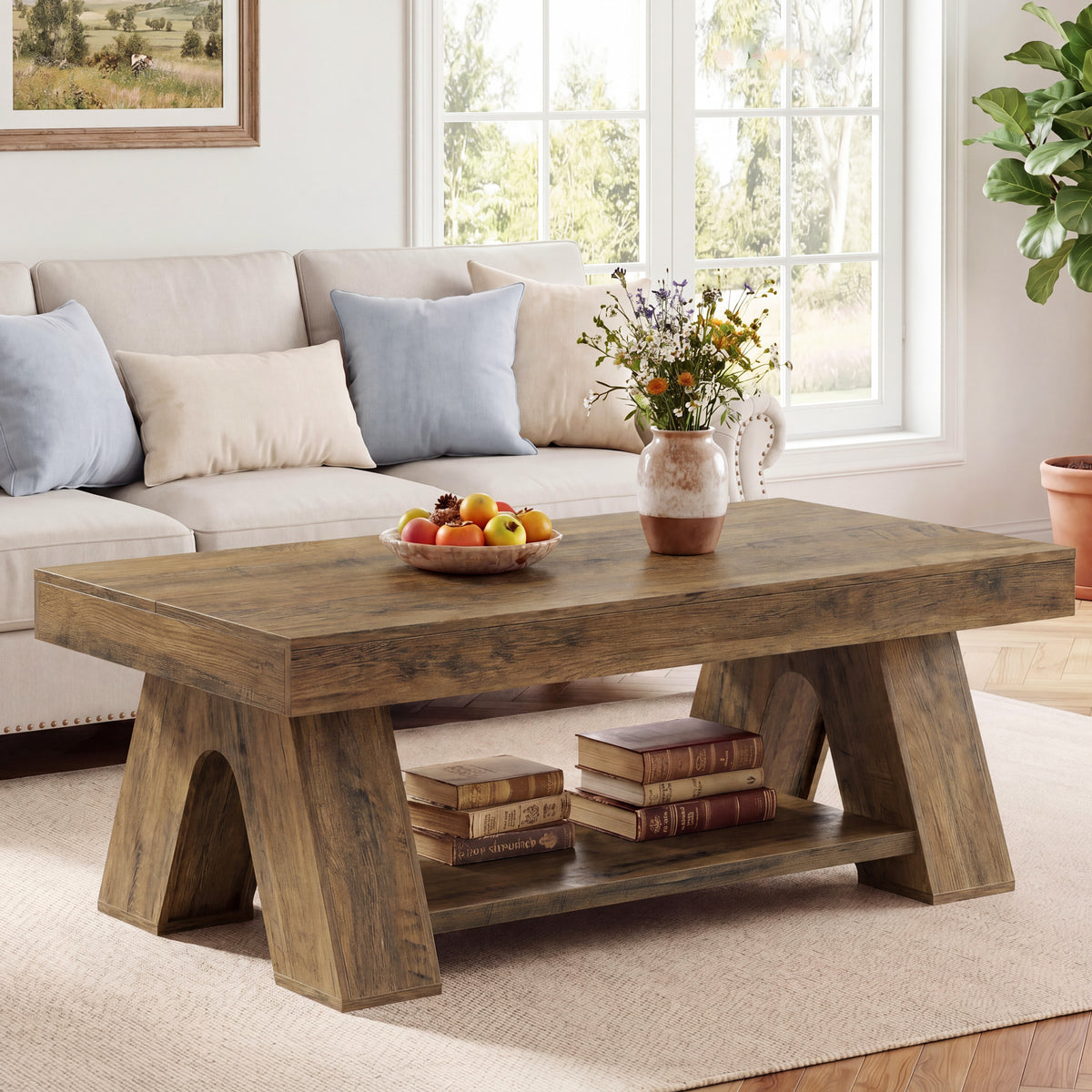 Tribesigns 55.1-Inch Farmhouse Coffee Table with Storage Shelf, Large Rectangle Center Table for Living Room