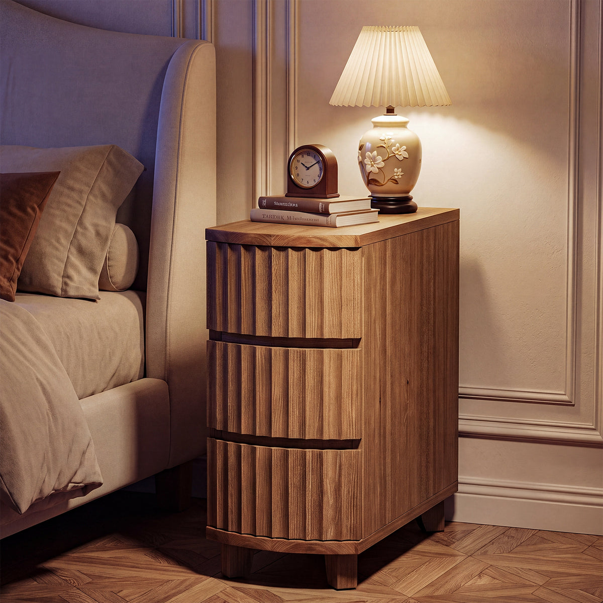 Solid Wood End Table, 3-Drawer Narrow Side Table with Curved Design for Living Room