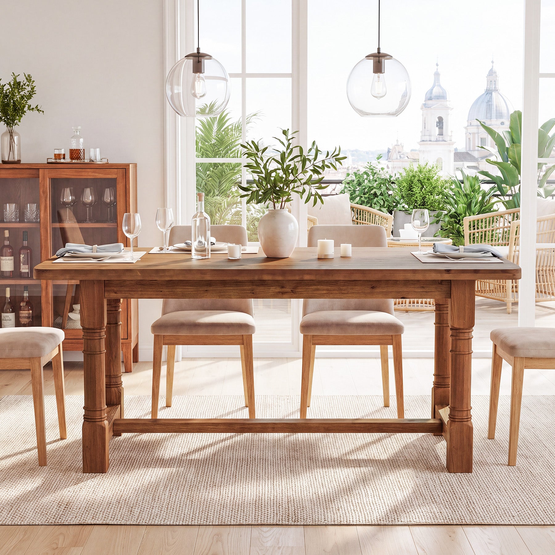 63" Solid Wood Dining Table, Farmhouse Kitchen Table with Trestle Base for 4-6