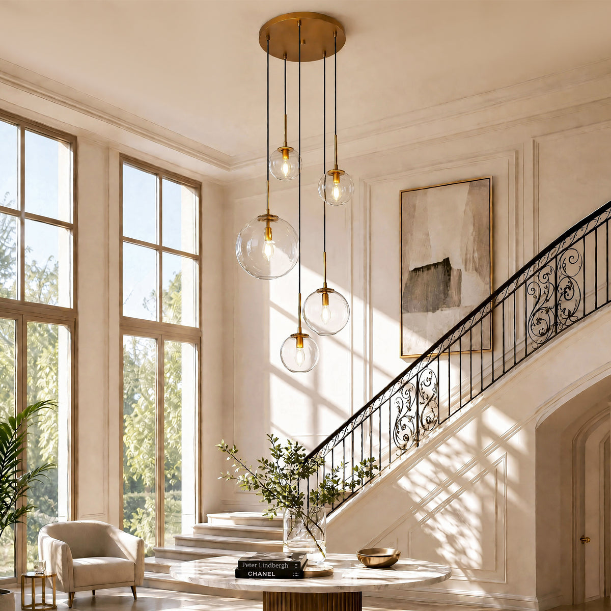 5-Light Modern Globe Pendant Light, Gold Chandelier with Adjustable Cords