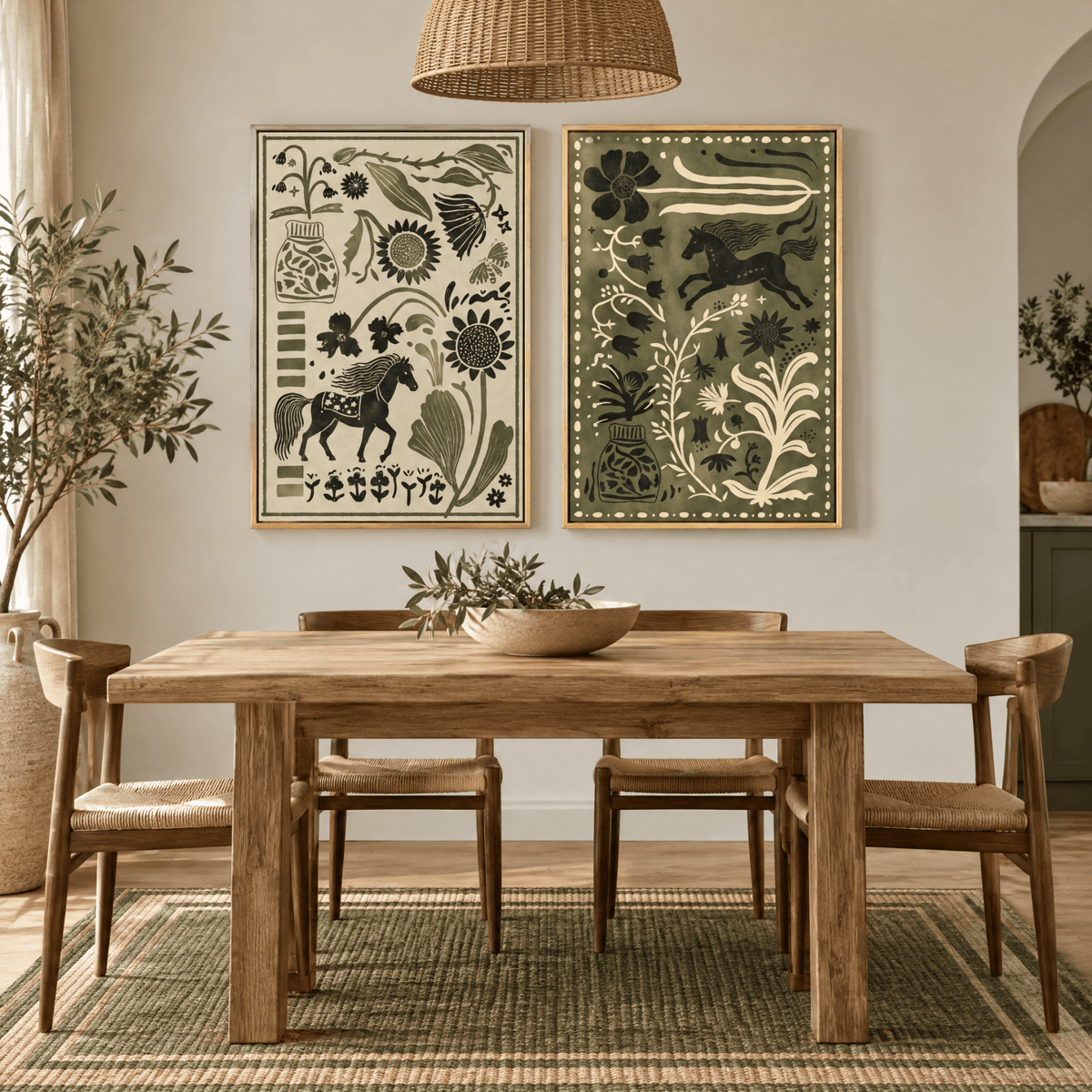 Tribesigns 2-Piece Modern Boho Horse Wall Art, Earthy Green Canvas Prints for living room