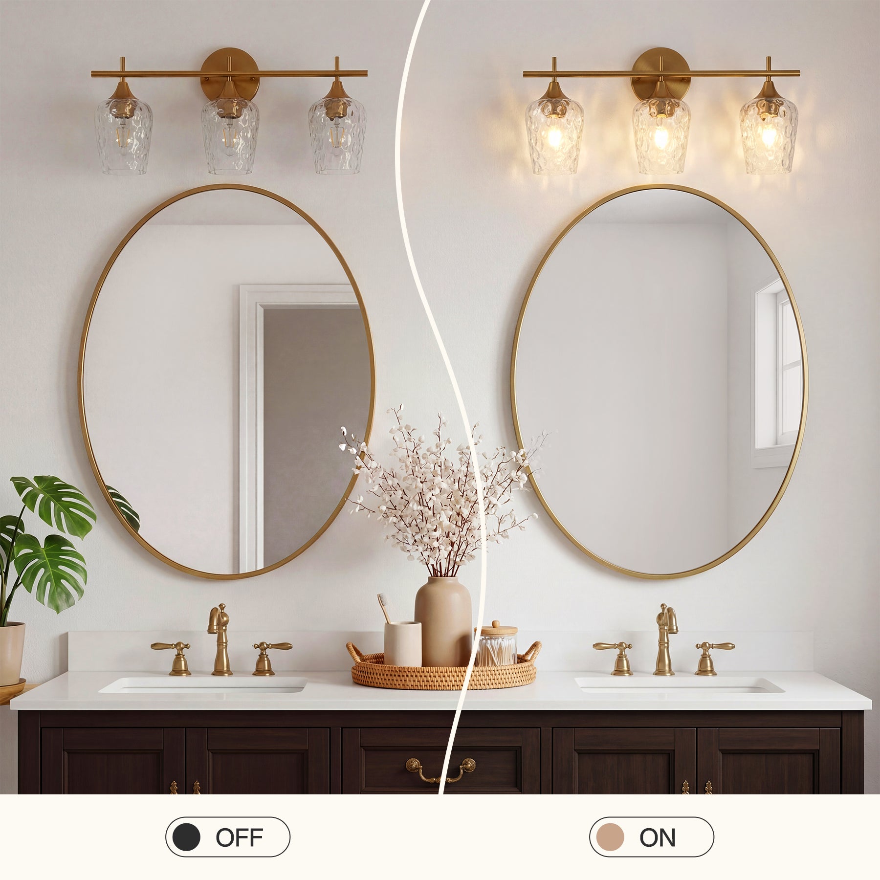 3-Light Bathroom Vanity Light, Modern Wall Sconce with Water Ripple Clear Glass Shades