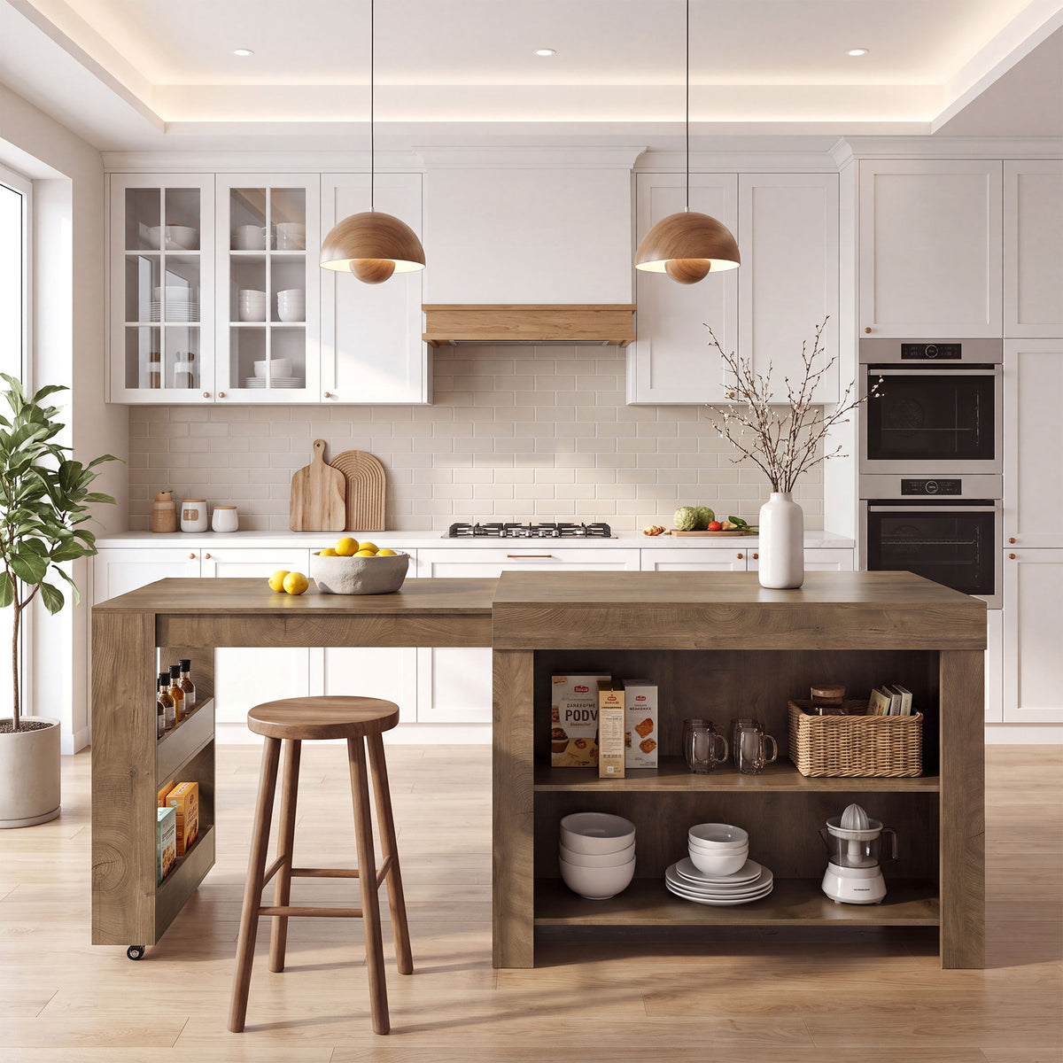 47-85" Extendable Kitchen Island for 2-4, Stationary Storage Island with Open Shelves