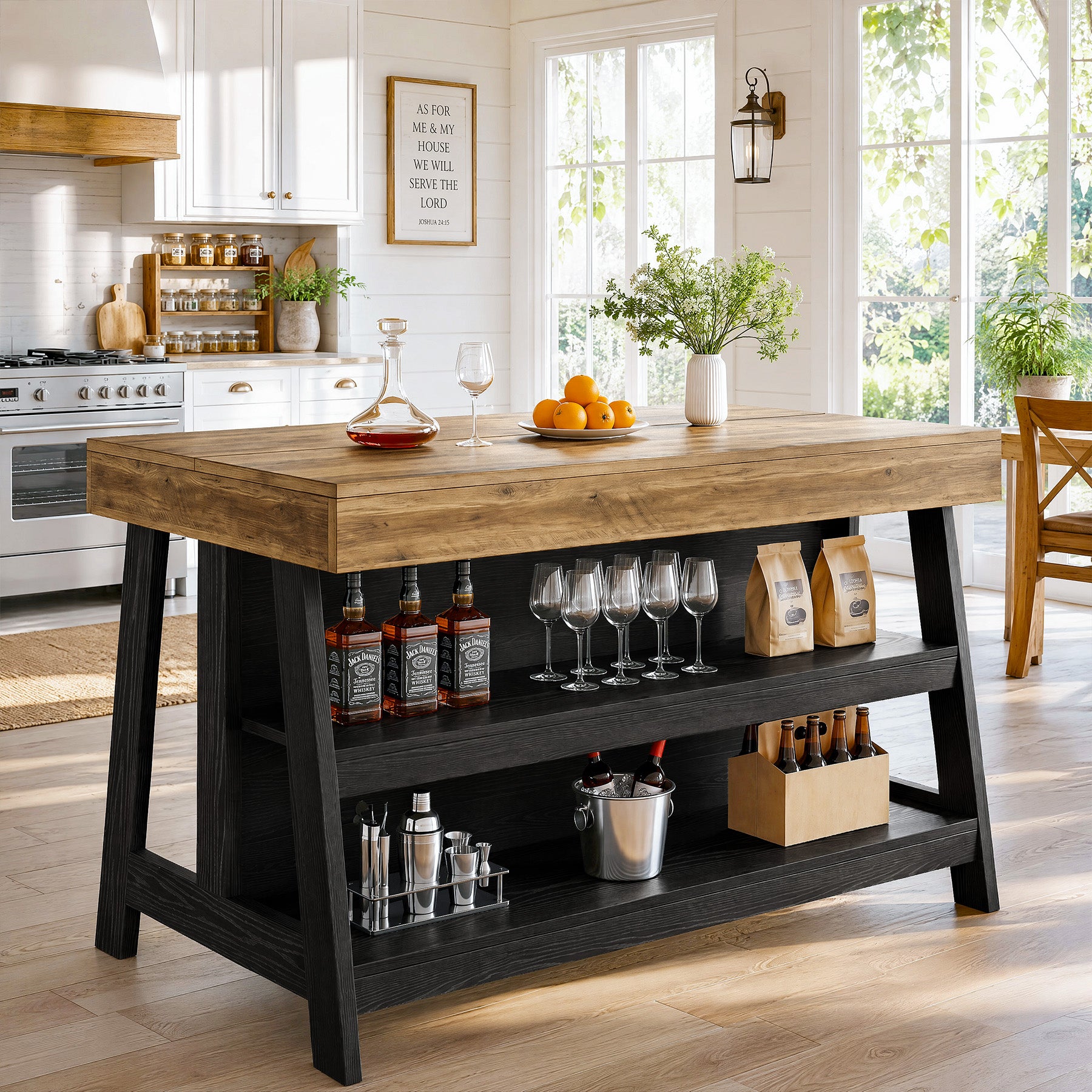 55" Kitchen Island with 3-Tier Storage, Farmhouse Stationary Island Table for Kitchen