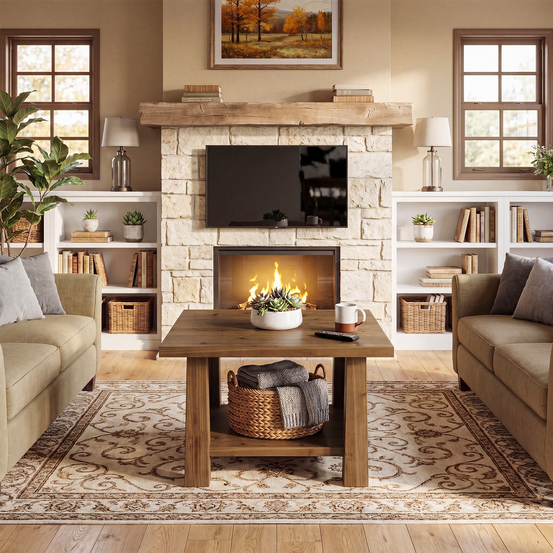 31.5" Solid Wood Coffee Table, Farmhouse 2-Tier Wooden Square Center Table