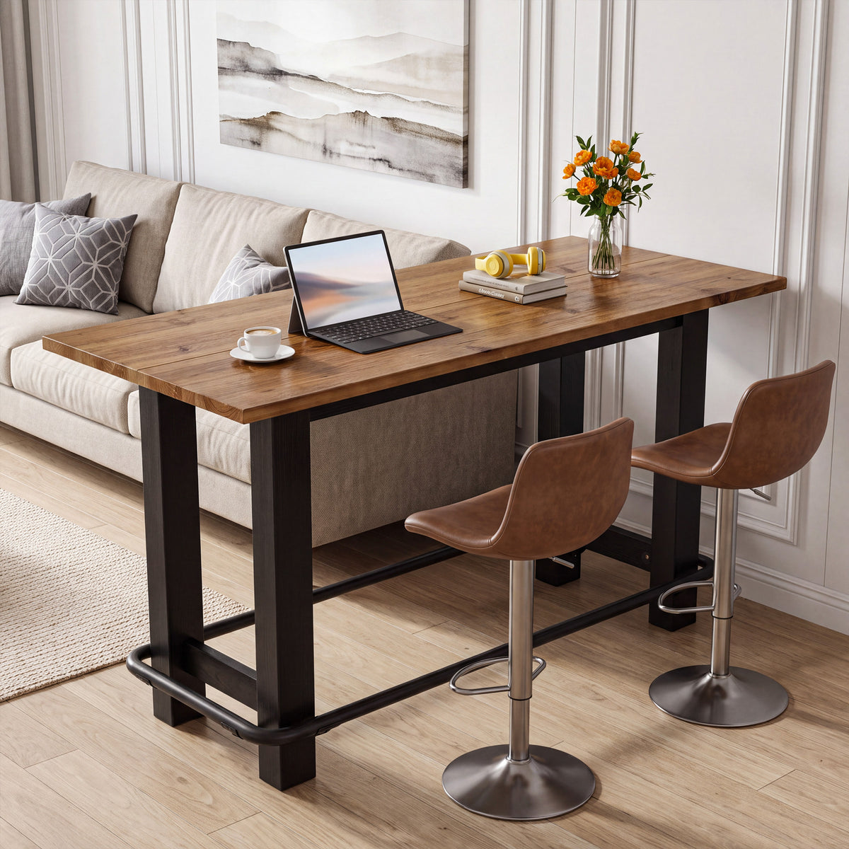 59" Solid Wood Bar Table, Rectangular Pub Table Seats 4 with Metal Footrest for Home Bar