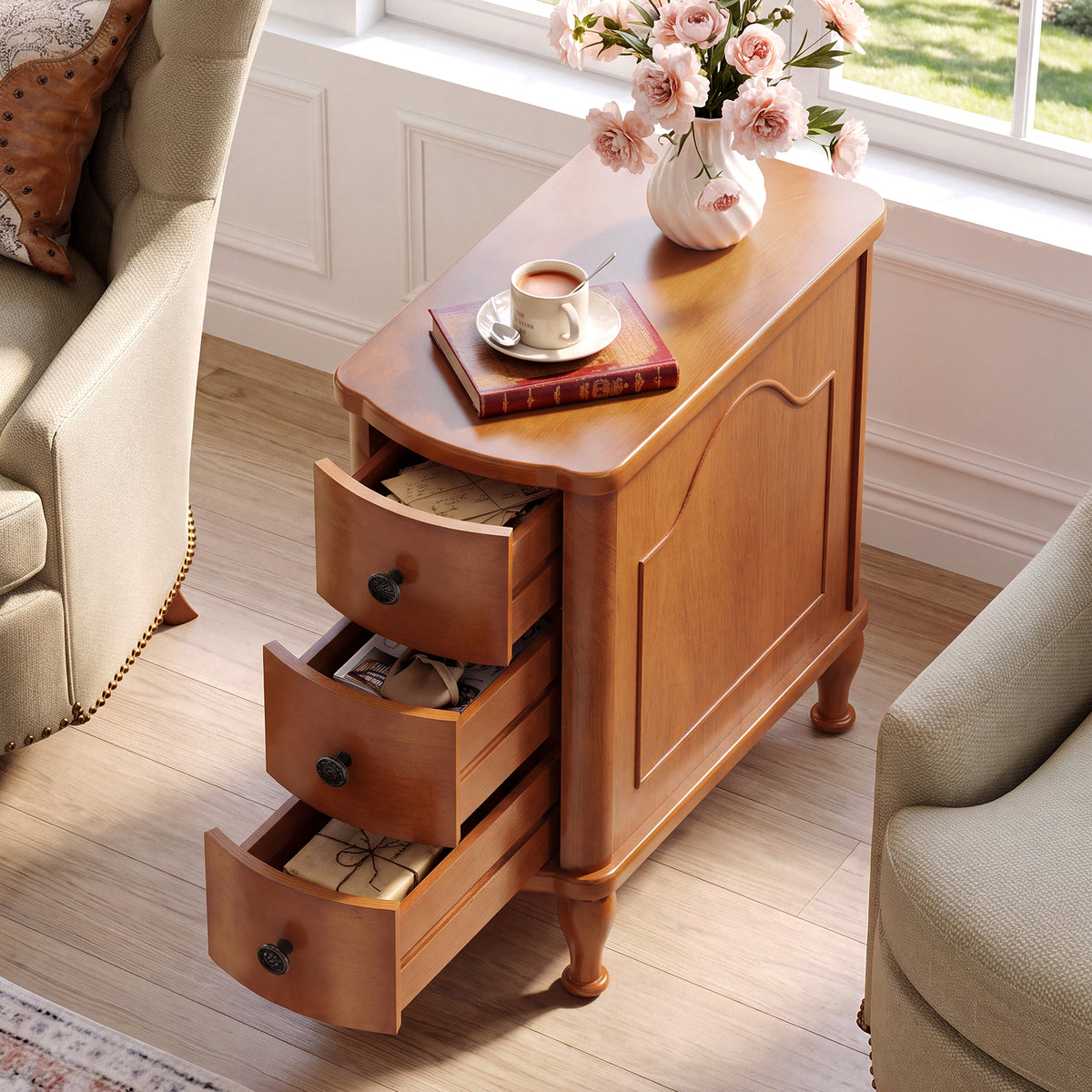 25.78 Inch Solid Wood End Table with 3 Drawers, Vintage Narrow Side Table