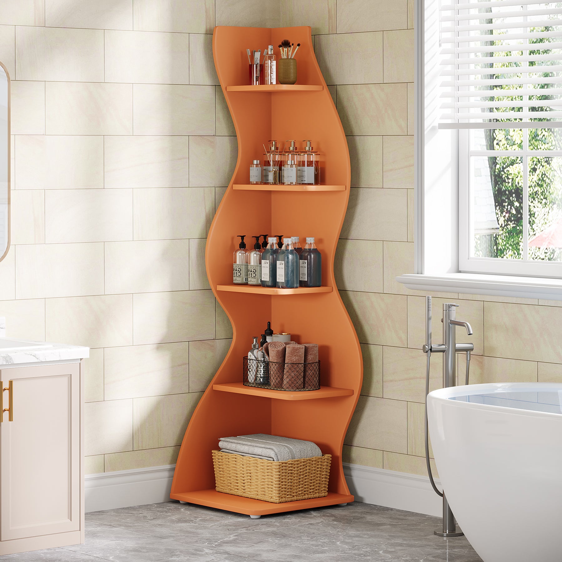5-Tier Corner Bookcase, Rustic Freestanding Corner Shelf for Small Spaces