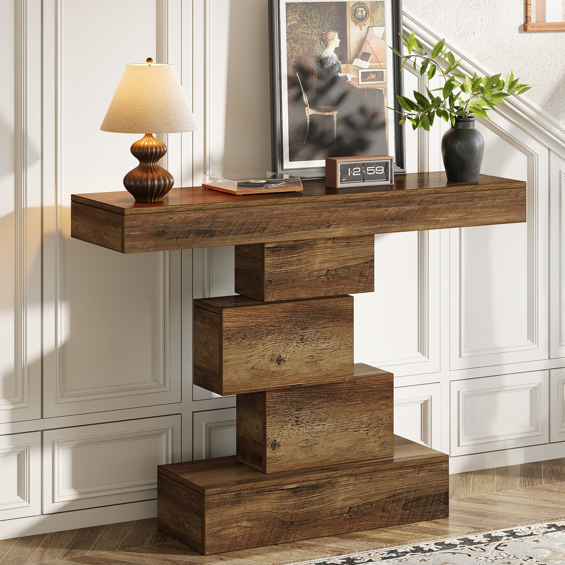 42.5" Rustic Brown Farmhouse Console, Industrial Geometric Sofa Table for Hallway Entrance