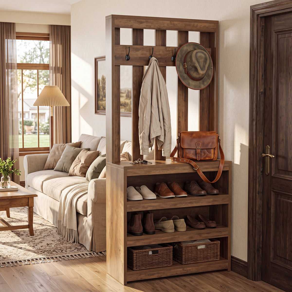 71" Room Divider with Shelves, Farmhouse Wall Partition With 4 Hook for Living Room, Foyer
