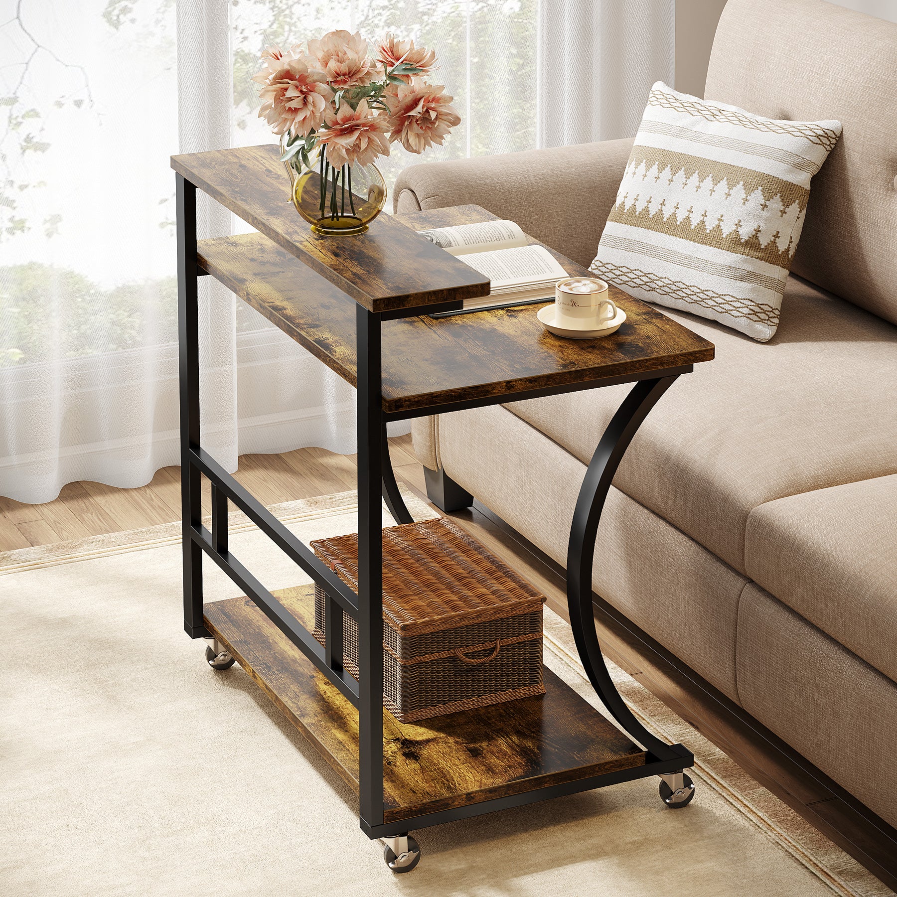 C - Shaped End Table, Mobile Sofa Side Table with Lockable Casters Tribesigns