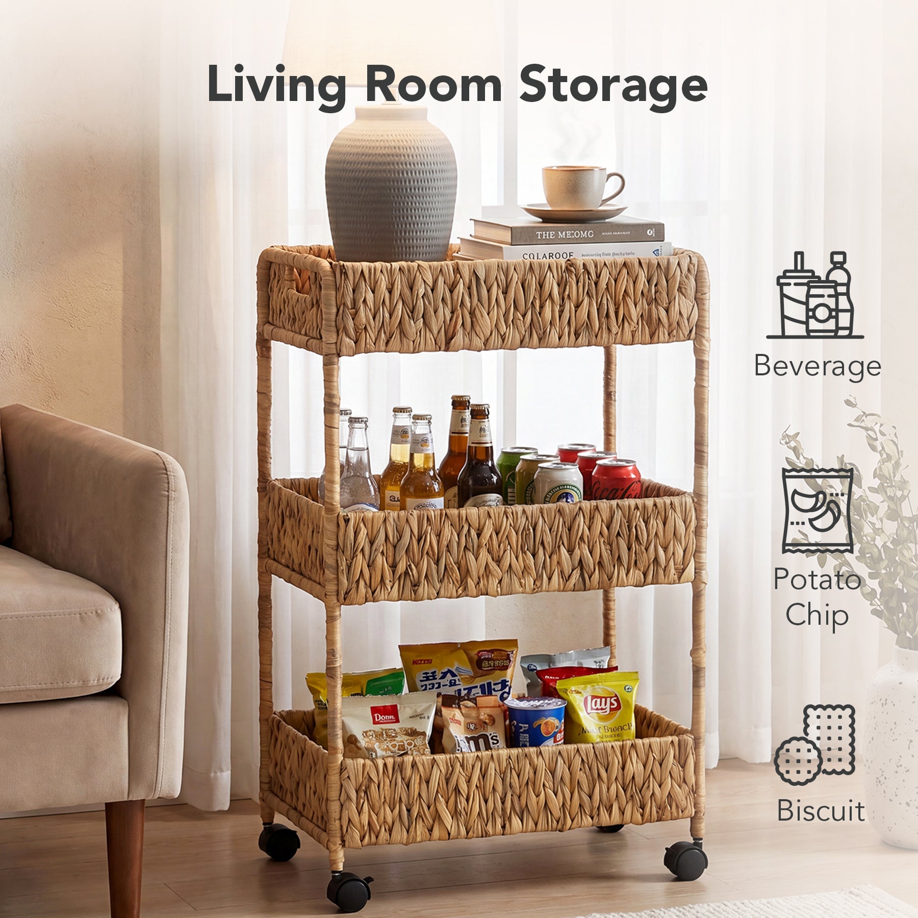 3-Tier Water Hyacinth Rolling Cart, Utility Storage Cart with Wheels for Bathroom Kitchen